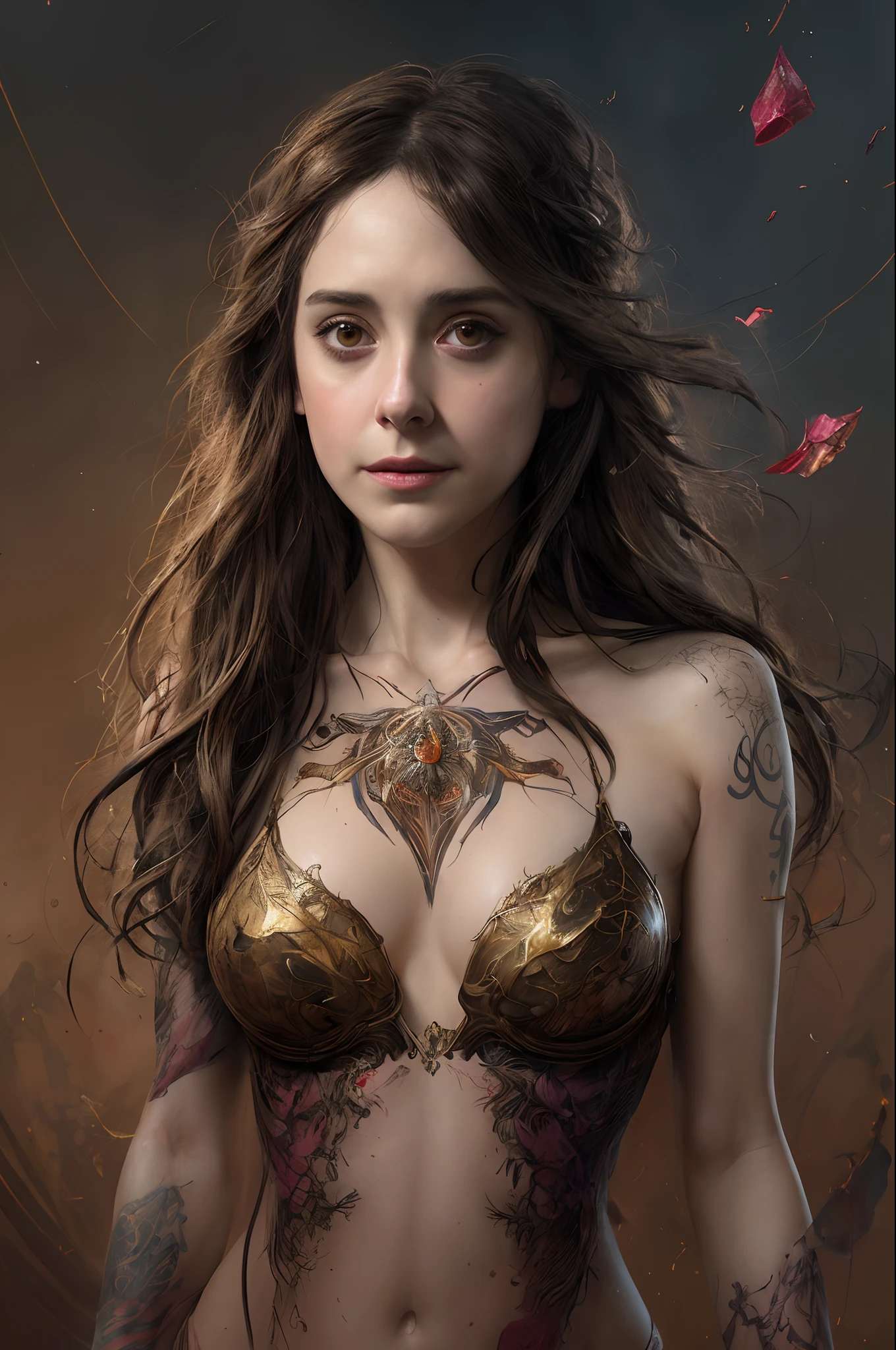 (Alison Brie:Emmy Rossum), powerful sorceress,tribal tattoo, messy hair, Full body, Beautiful anime waifu style girl,hyperdetailed painting, luminism, art by Carne Griffiths and Wadim Kashin concept art, dark background, abstract beauty, approaching perfection, pure form, golden ratio, minimalistic, dark atmosphere, unfinished, concept art, by Brian Froud and Carne Griffiths and Wadim Kashin and John William Waterhouse, intricate details, 8k post production, high resolution, hyperdetailed, trending on artstation, sharp focus, studio photo, intricate details, highly detailed, by greg rutkowski