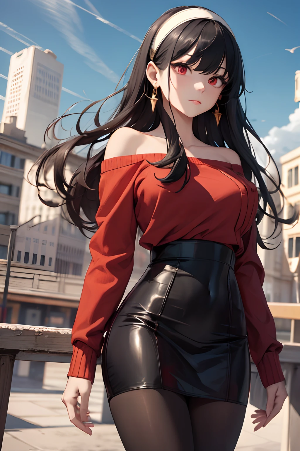 masterpiece, best quality, highres, bbyorf, long hair, white hairband, red eyes, gold earrings, large breasts, jewelry, off shoulder, red sweater, sweater dress, long sleeves, black pantyhose, cowboy shot, standing, outdoors