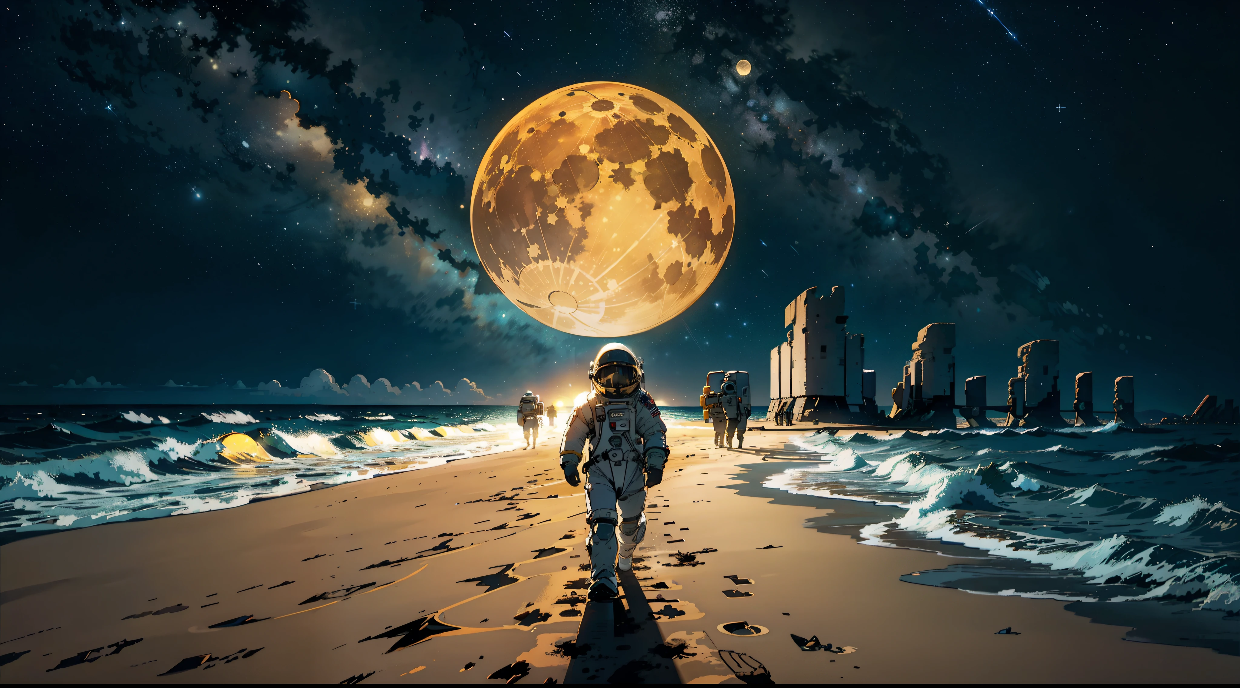 Astronaut in intricate spacesuit is walking on the beach with a single yellow full moon behind him, Starless night sky, Big machine floating in the sky, full moon, The ruins of a ship in the sand, Masterpiece, Wide viewing angle, Award-Standing, Best Quality.
