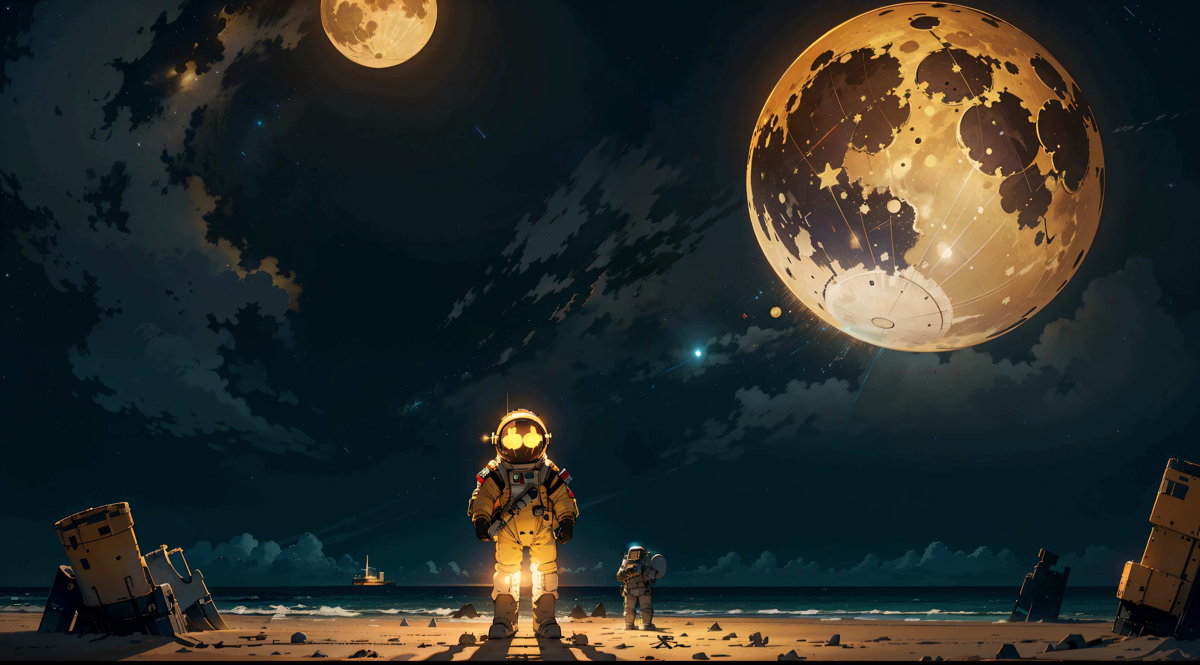 Astronaut in intricate spacesuit is walking on the beach with a single yellow full moon behind him, Starless night sky, Big machine floating in the sky, full moon, The ruins of a ship in the sand, Masterpiece, Wide viewing angle, Award-Standing, Best Quality.