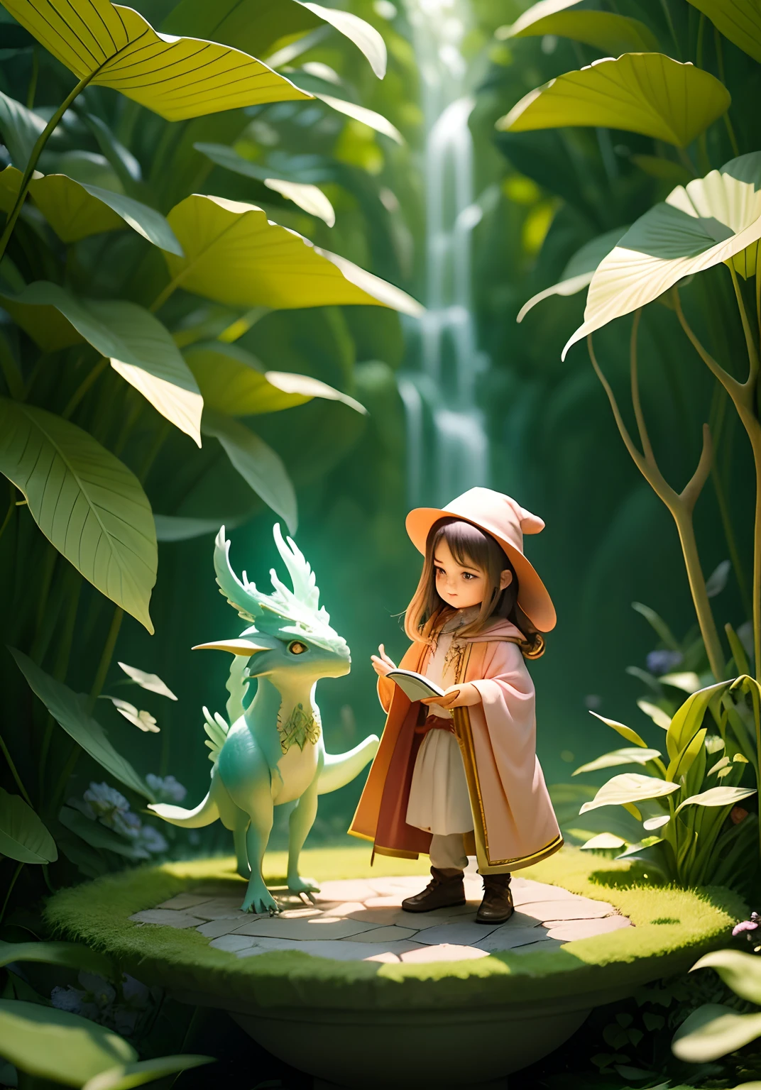 Um desenho animado de uma cena emocionante em um mundo de fantasia! A  apprentice to a sorcerer, wearing a colorful robe and a pointed hat, is standing before a friendly dragon. With an open spell book in his tiny hands, The child concentrates with determination while trying to cast a spell.

The dragon, with curious eyes and a friendly smile, observes the child with interest. Its majestic wings are spread, mas relaxadas, conveying a sense of tranquility. Ao redor deles, magical flowers and plants glow softly, evidencing the presence of the magic that permeates the environment.

Sparks and magical sparkles surround the apprentice childe recites the words of the spell with confidence, trying to tame the magical energy and direct it to the dragon. The scene is a perfect balance between the tension of magic and the serenity of the moment. Kodak Elite Chrome extra color, Oshare Kei, Dau al set, Zuckerpunk