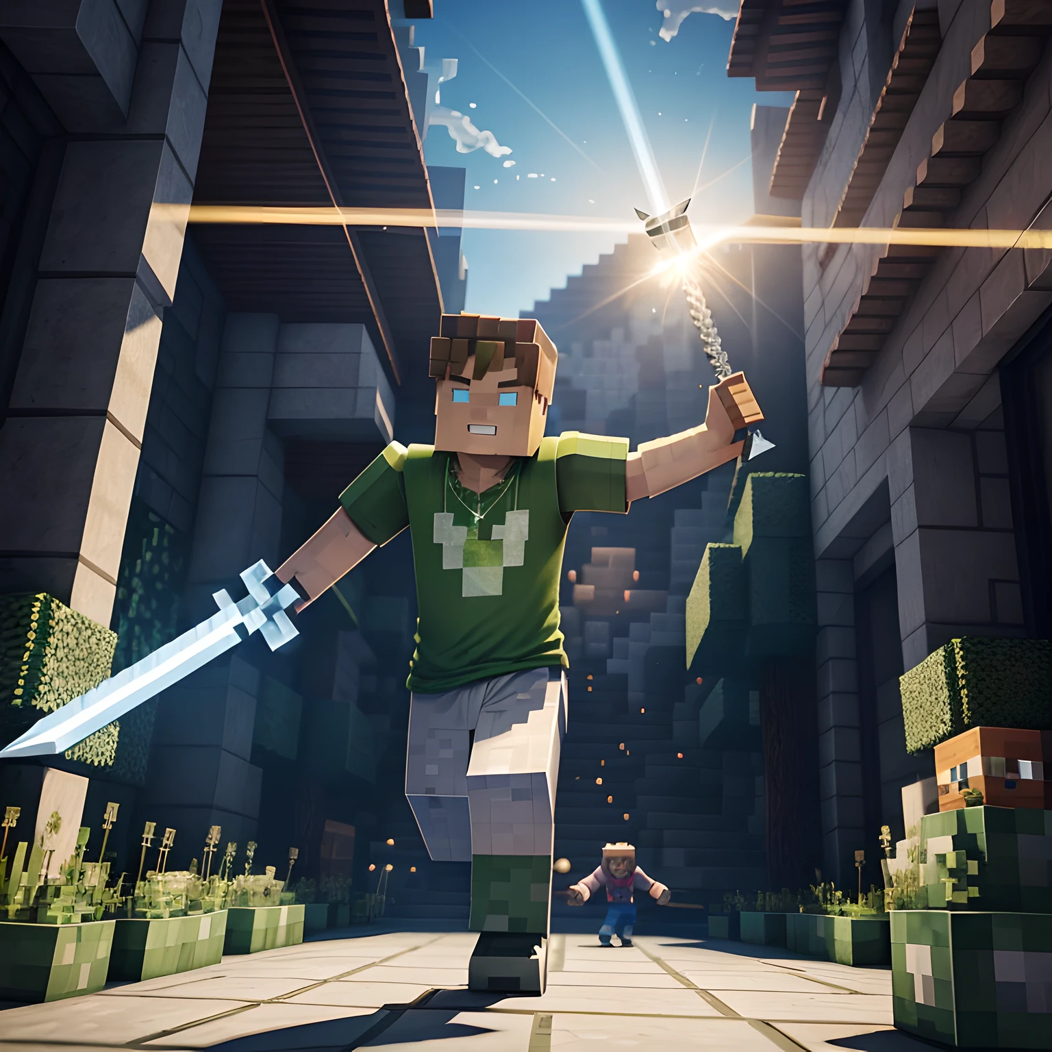 design for Minecraft Legends game t-shirt with a blonde boy running around with a diamond sword in his right hand, olhando para o centro da tela,  sleepy, Futurism, Luminism, backlighting, lens flare, super detail, ccurate, best quality