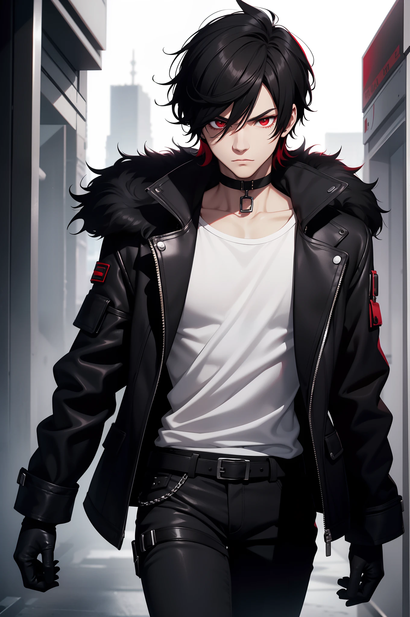 solo male, black hair, red eyes, white shirt, black jacket, fur, black jeans, black gloves, choker, slim