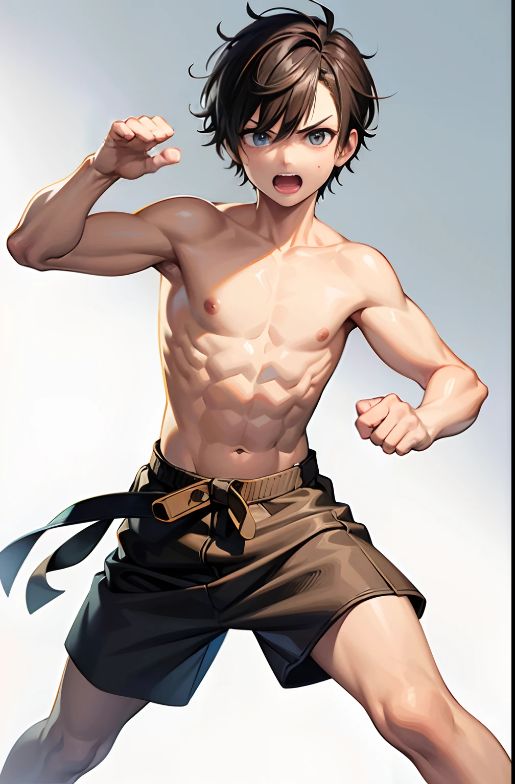 masterpiece, best quality, high quality,  1boy,****, kid, male focus, full body, looking at viewer, brown hair,spiky hairstyle, short hair, steam smork, japan style,  anime coloring, home muji style, detailed face, topless, white towel on waist, pose boxing fighter, angry face