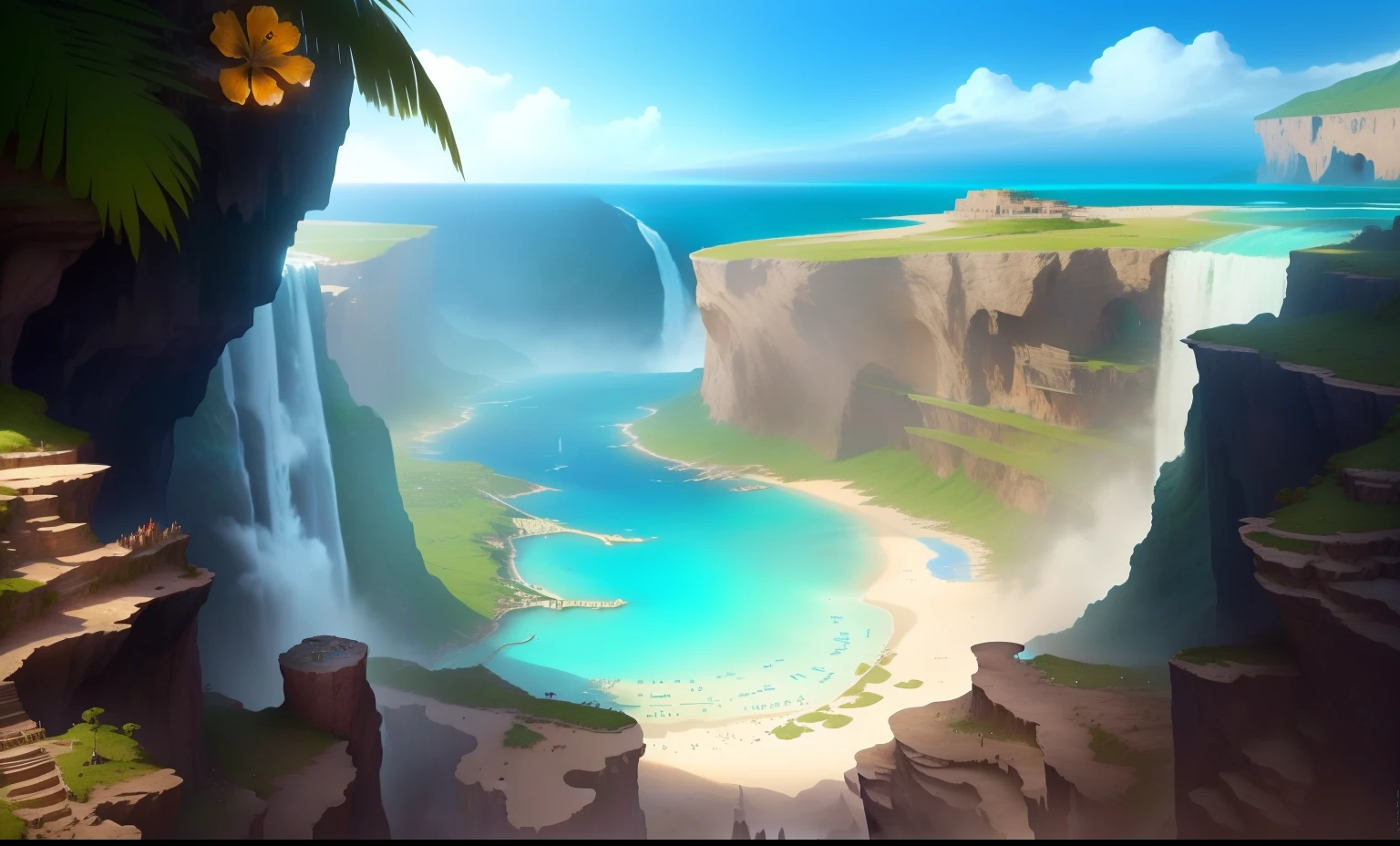 a view of a waterfall and a beach from a cliff, epic matte painting of an island, concept art. epic landscape, island background, game art matte painting, relaxing concept art, scenery game concept art, palm tree, matte painting concept art, stylized concept art, concept art for a video game, final fantasy vll world concept, fantasy world concept