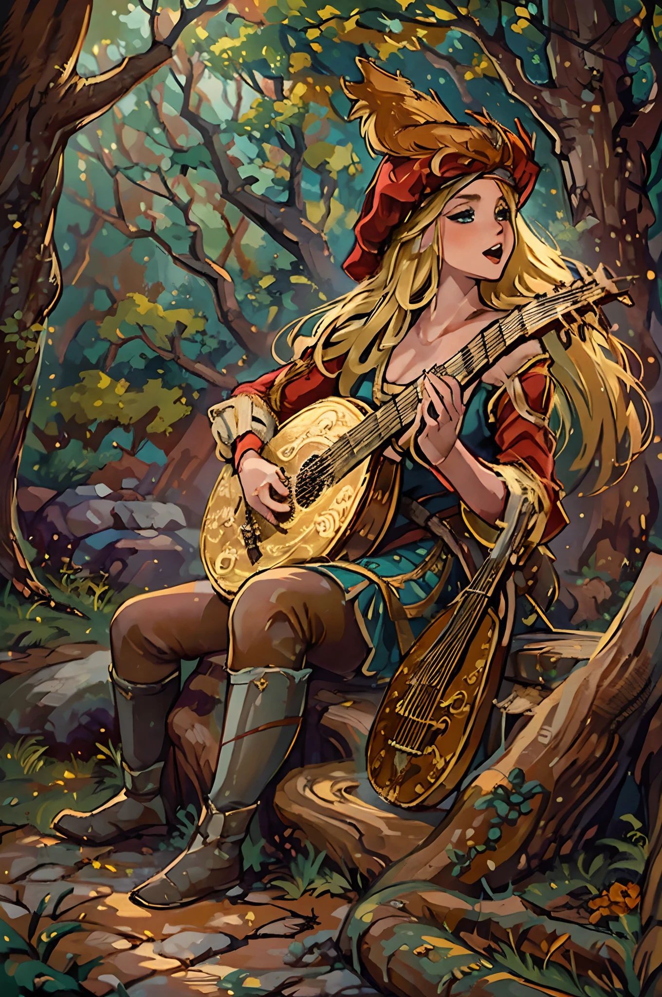 the essence of a beautiful female bard with meticulous attention to detail, this scene portrays a solo enchantress with cascading long hair, an open mouth singing tales of old. Her blonde hair shimmers beneath a charming red hat as she sits gracefully upon a rustic tree stump, fingers gracefully strumming a lute, weaving melodies that stir the soul