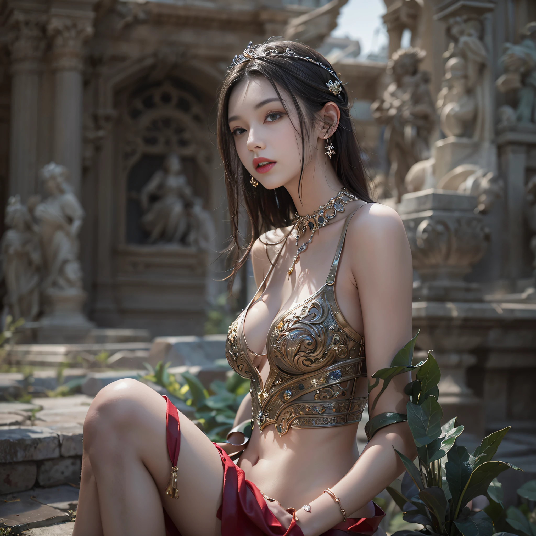 ((masterpiece:1.4)、(top-quality:1.4)、(reallistic:1.7))、Beautiful girl strolling in the garden of fantastic ancient city、Sexy Daughter、Super beautiful girl、1girl in:1.4、Dress like a queen、Glossy luxury latex、Luxury Latex Bodysuit、By Luis Royo、age19、Super Ultra Ultra Bikini、Outstanding style、Slender Abs、beauty legs、Beautiful ass、A detailed eye、beautidful eyes、Raw photo、red-lips、Red high heels、a choker、a necklace、耳Nipple Ring、Fantasy of ancient cities、Fantasy World