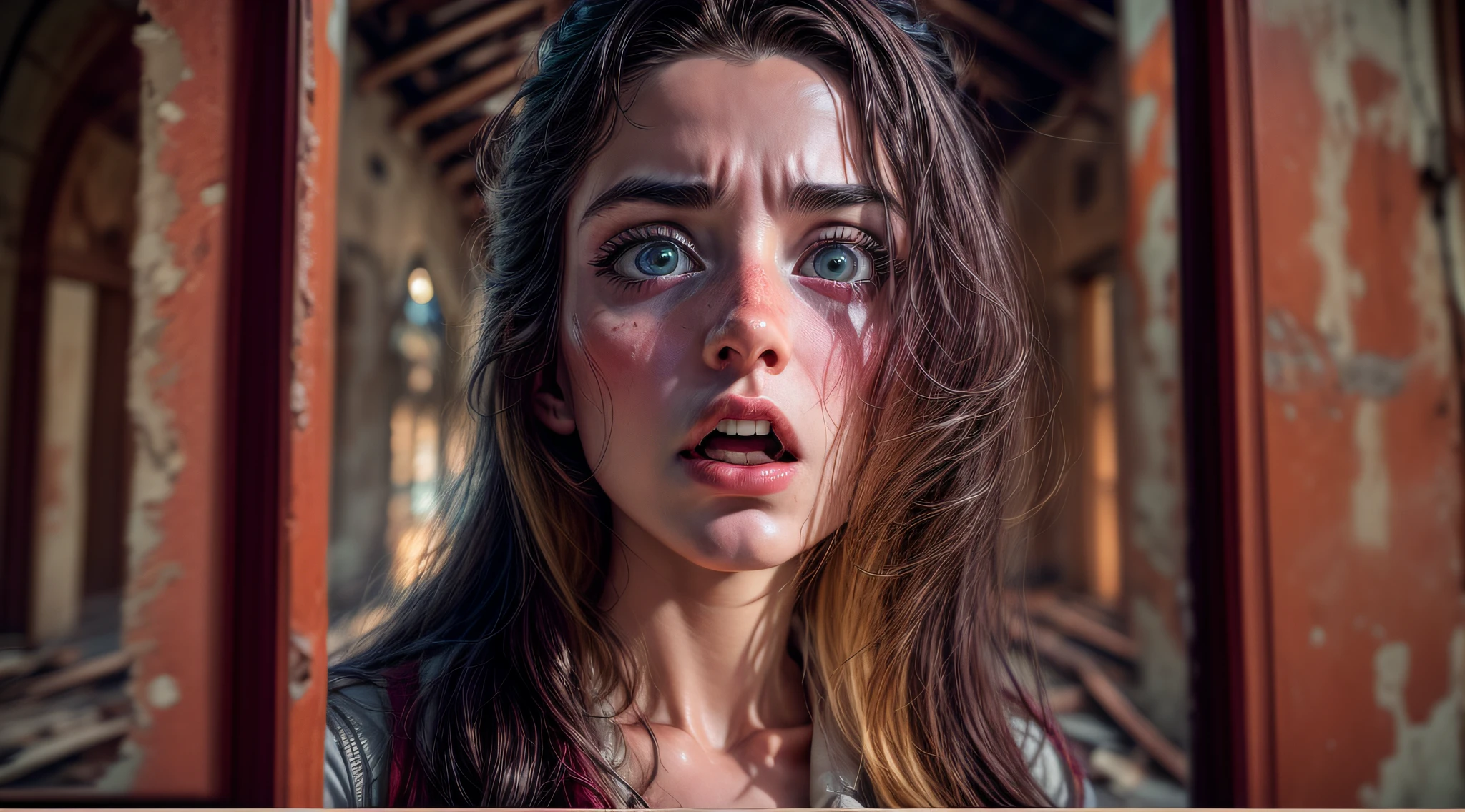 25-year-old woman with long hair, barbilla fuerte, and big eyes with a shocked expression, usar ropa muy sucia y rasgada :: Editorial photograph of the interior of an abandoned former convent (Arquitectura altamente detallada: 1.4) Por Emmanuel Lubezki, Arri Alexa, movie, 4 impresiones Kodak 2383, F 22 camera lenses, colores intensos, hyper-realistic, Textura realista, twilight lighting, CineStill 800.