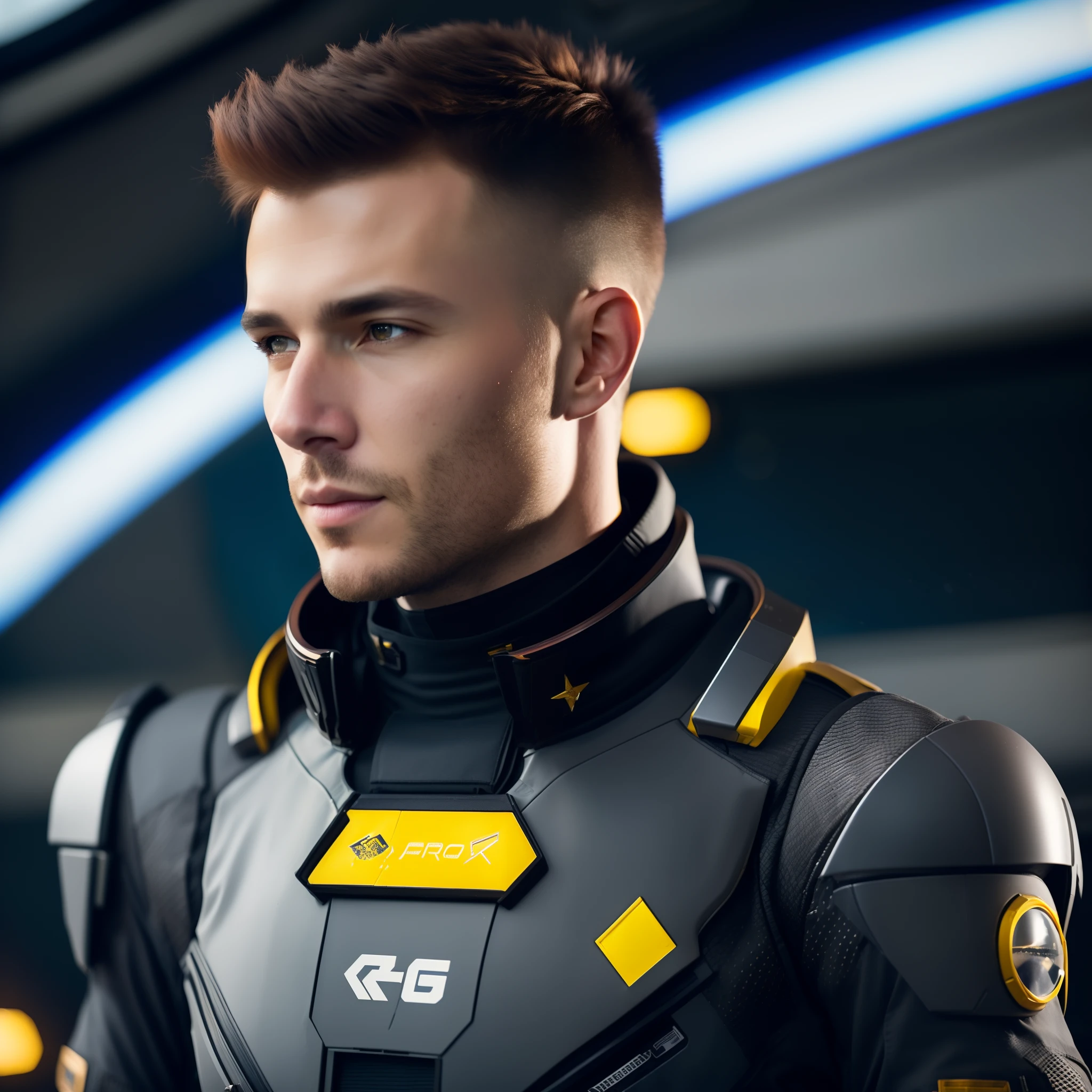 fking_scifi, award-winning photo of a man, black flight suit with yellow accents, brown hair, (gray eyes:1.35), square jawline, asymmetric face, standing in front of a window on a space ship, 80mm, bokeh, mass effect, close up, fking_cinema_v2