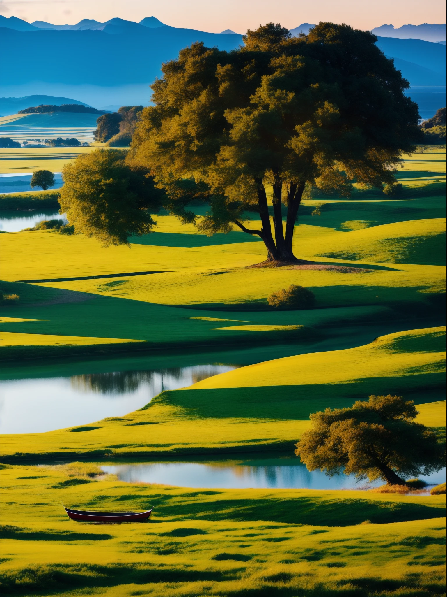 in the early morning，large grassland，The tree，mont，Great Lake，Clear，small boats，beautiful natural places，k hd
