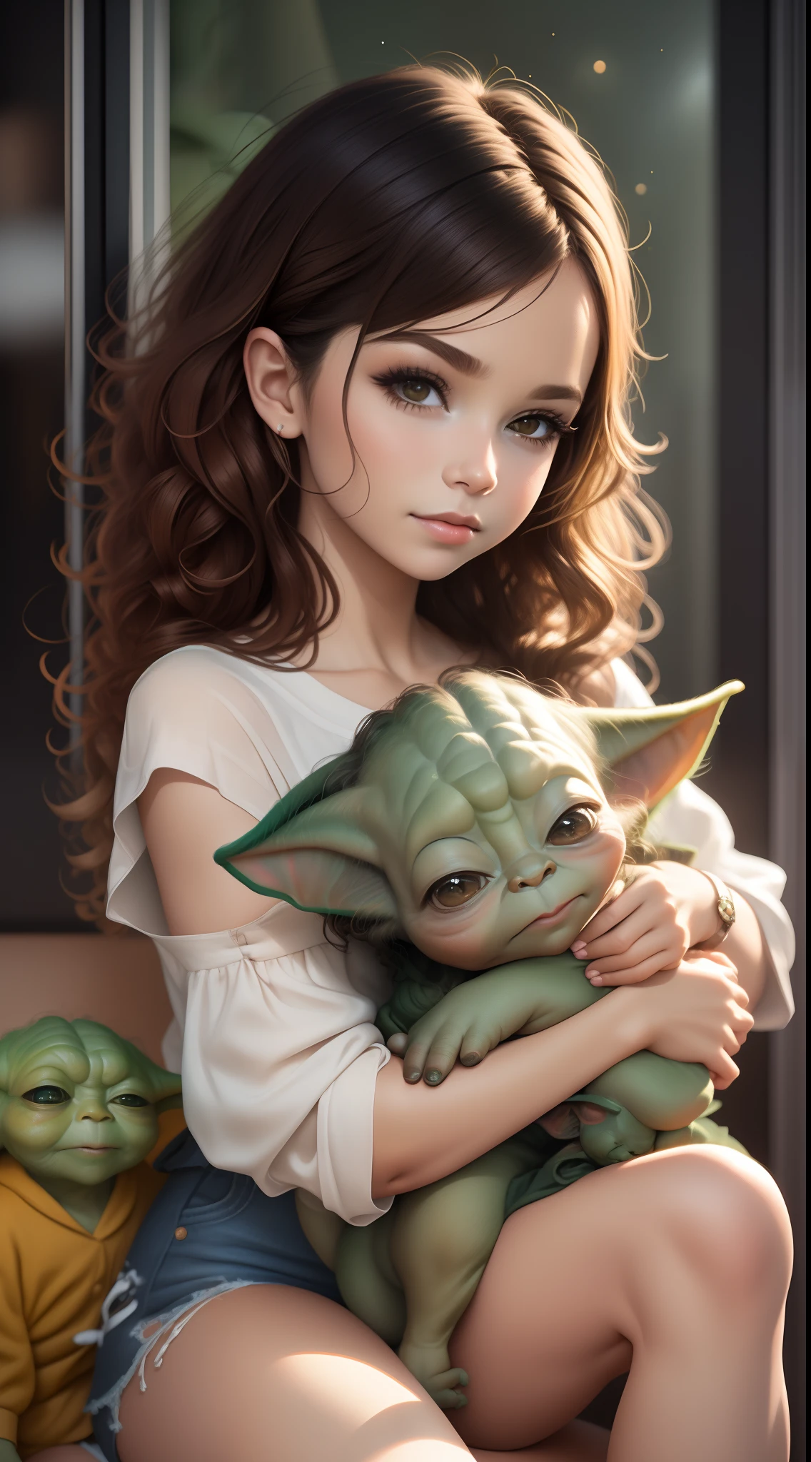 a beautiful human girl with curly brown hair holding a  Yoda in her lap, guerra nas estrelas, art-station, ..cgi_animation, encaracolado_Hair, cute_girl.