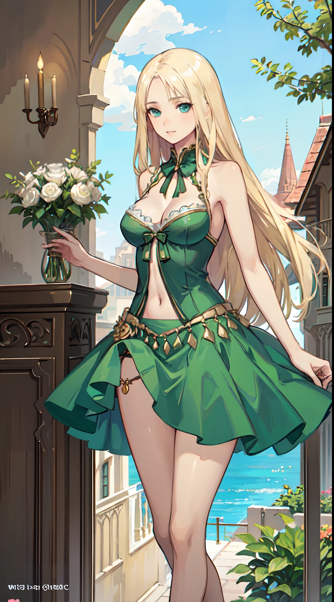 blonde hair, long hair, green eyes, green gown, short skirt, slim legs, navel, balcony, happy, cleavage