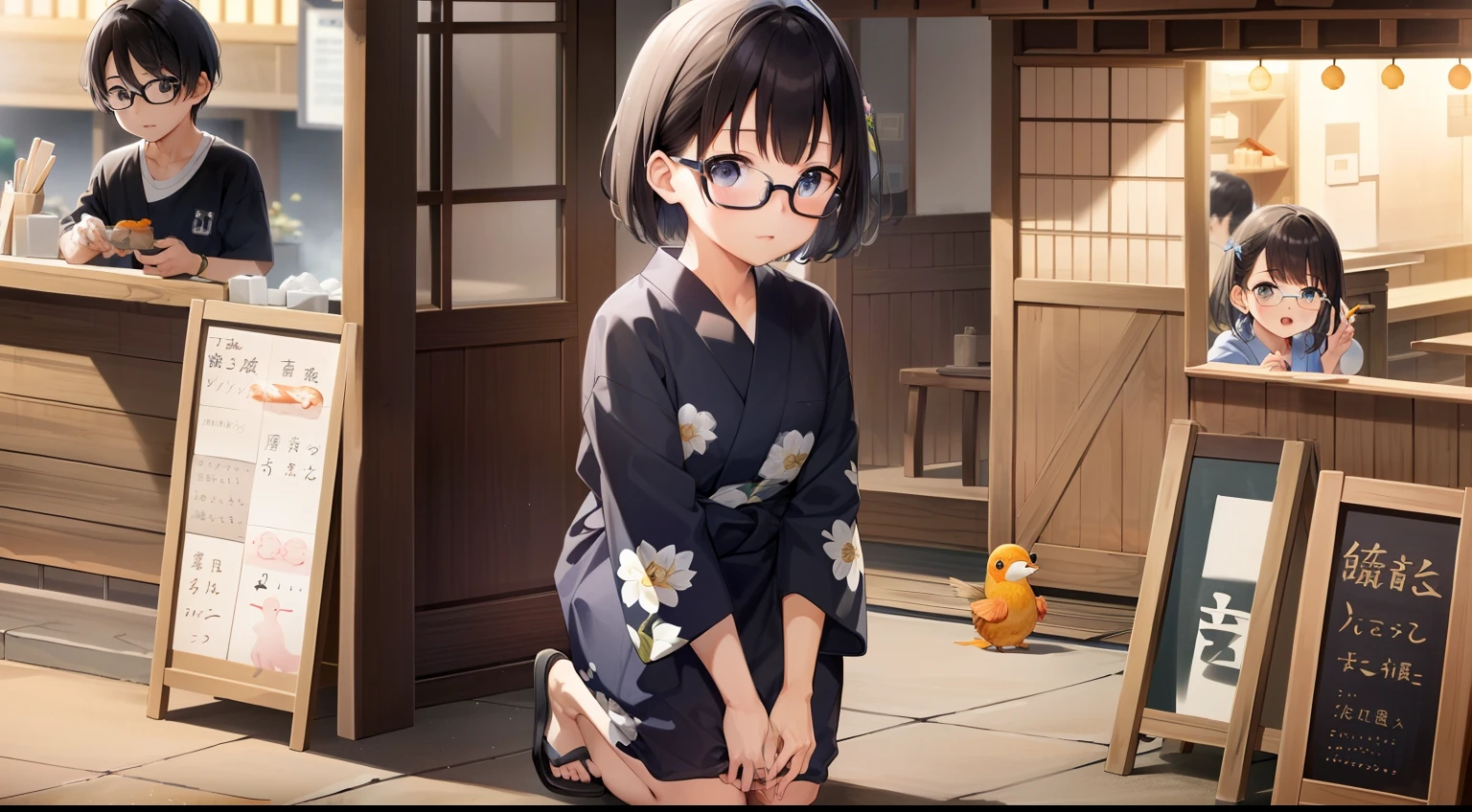 (masutepiece, Best Quality, Capture super cute moments, depth of fields, ultra-detailliert, Ultra High Resolution, C4D, Octadale, 3D Modeling, 8K, 16 K, girl with、a 、A dark-haired、short-hair、straight haired、Light brown eyes、hair adornments、wearing black glasses、cute face)、Cute light blue Japan yukata、crouching down、Goldfish scoop、food stand、Tekiya