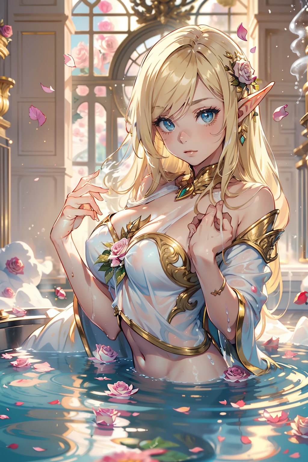 (nsfw 1.1), ((1girl)), ((masterpiece)), realistic, ((highly detailed:1.3)), beautiful elf princess bathing in a marble tub, ((very long blonde hair)), wet hair, wearing a sheer bathrobe, clothed bathing, ivorygoldai, royal palace bathroom setting, steam, very large ornate marble tub, (rose petals floating in water:1.3), early morning light, windows, crepuscula