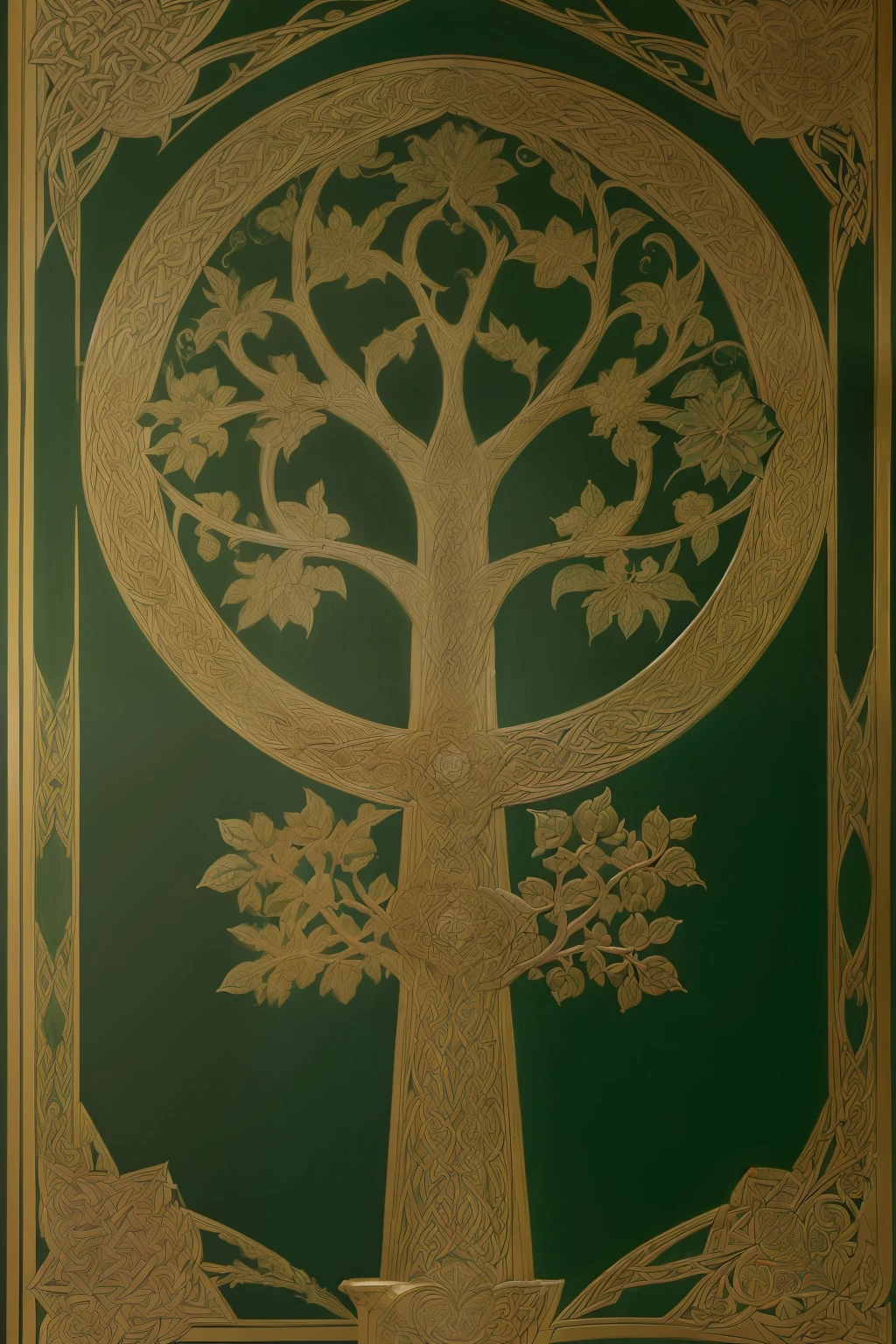 ((Paiting, symmetric, Celta, Celtic mystic, Celtic tree of life, folhas, damask pattern, Dourada, Gustave Doré, symmetr, Pre-Raphaelite painting, ouro, geometric, verde e ouro, brazi, folhas, outono))