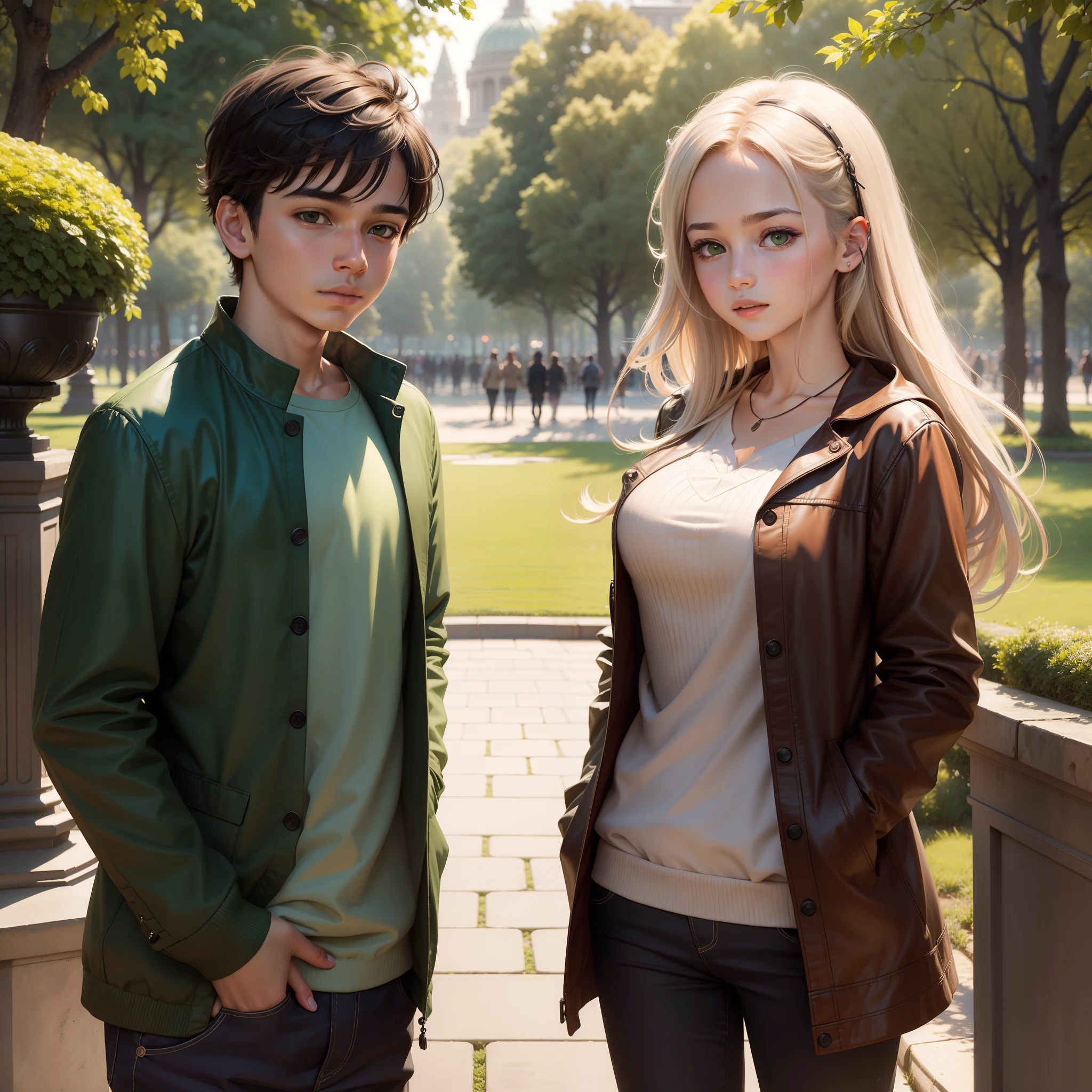Boy and girl friend with beautiful green park half body photo realistic face