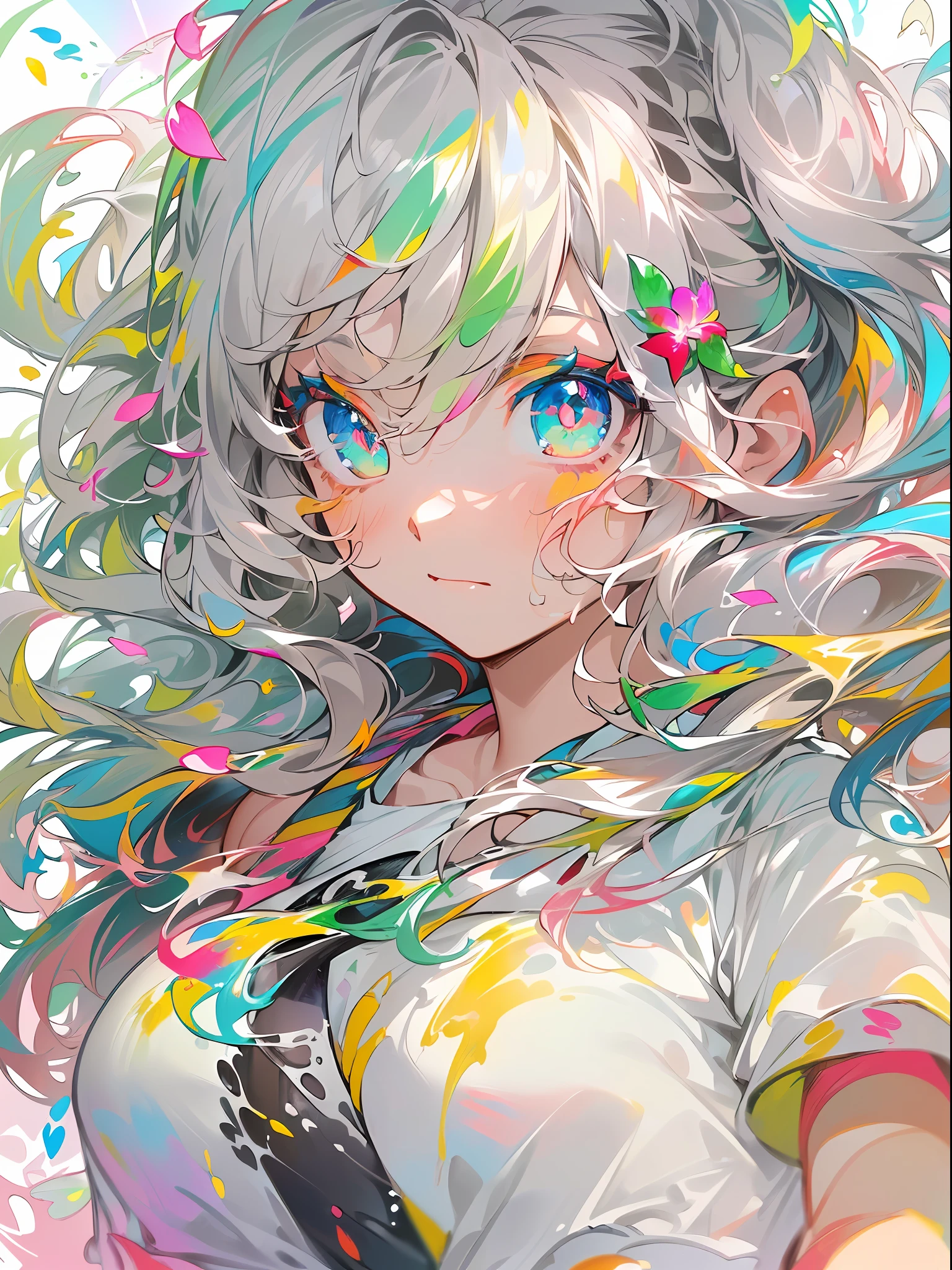 (Colorful hair: 1.8), (all the colours of the rainbow: 1.8),(((((vertical painting:1.6))), (painting:1.6),front, comics, illustrations, paintings, large eyes, crystal clear eyes,( rainbow color gradient high ponytail:1.7), exquisite makeup, closed mouth,(Small Fresh: 1.5),(Wipe Chest: 1.6) ,long eyelashes, white off shoulder T-shirt, White Shoulder Shirt,looking at the audience, large watery eyes, (rainbow colored hair:1.6), color splash, (solo:1.8), color splash, color explosion, thick paint style, messy lines, ((shining)),(colorful), (colorful), (colorful), colorful, Thick Paint Style, (Splash) (Color Splash), Vertical Painting, Upper Body, Paint Splash, Acrylic Pigment, Gradient, Paint, Highest Image Quality, Highest Quality, Masterpiece, Solo, Depth of Field, Face Paint, colorful clothes, (Elegant: 1.2), gorgeous,long hair, wind, (Elegant: 1.3), (Petals: 1.4),(((masterpiece))),(((best quality))),((ultra-detailed)),(illustration),(dynamic angle),((floating)),(paint),((disheveled hair)),(solo),(1girl) , (((detailed anima face))),((beautiful detailed face)),collar,bare shoulders,white hair, ((colorful hair)),((streaked hair)),beautiful detailed eyes,(Gradient color eyes),(((colorful eyes))),(((colorful background))),(((high saturation))),(((surrounded by colorful splashes))),