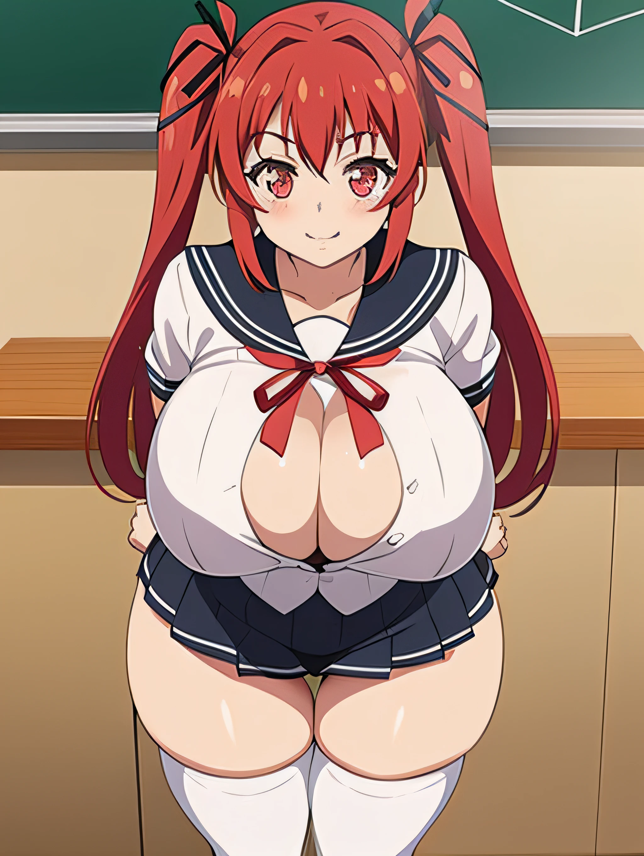 Sister New Devil, Mio Naruse, 1girl, (((bimbo))), puffy lips, painted lips, thick lips, wide hips, thick thighs, big breast, huge ass, revealing cleavage, erotic, Smile face, bubble butt, camel toe, short skirt, uniform of her school, which resembles a white sailor uniform that has a black collar and black cuffs that has white horizontal stripes, an orange-colored tie hanged from the edges of her collar, a short black skirt that has a single white stripe, long black socks that has a red-colored ribbon around her upper thigh, Showing a lot of cleavage, nipples, bursting breasts, bending over, hanging breasts