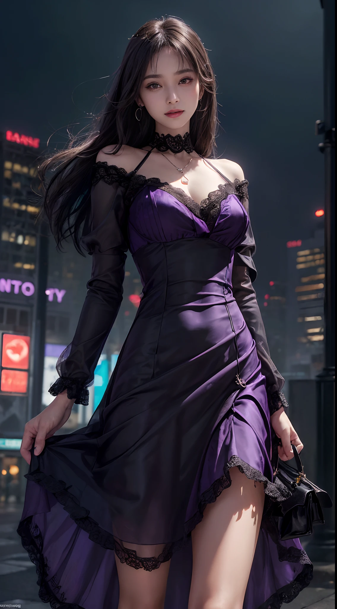 8k, masterpiece, RAW photo, best quality, photorealistic, extremely detailed CG unity 8k wallpaper, Depth of field, Cinematic Light, Lens Flare, Ray tracing, (extremely beautiful face, beautiful lips, beautiful eyes), intricate detail face, ((ultra detailed skin)) 1girl, in the dark, deep shadow, pretty korean girl, kpop idol,(very slim slender fit-muscled body:1.3), ((looking at viewer)),(big smile:1.3), (tight mini dress), (shot sleeve) , (dim lights, (neon sign), (big building), city night, cityscape ), (without people in the background:1.3), pretty korean girl, earrings, bracelets, dia necklace, pantyhose, clear eyes, walking , front shot, (pale skin), face forward, (big eyes), ((upper body shot)), ((silk Laced)), ((black, purple color dress:1.3)), (looking at viewer:1.3), (see through, laced dress), open breasts, Hermes bag