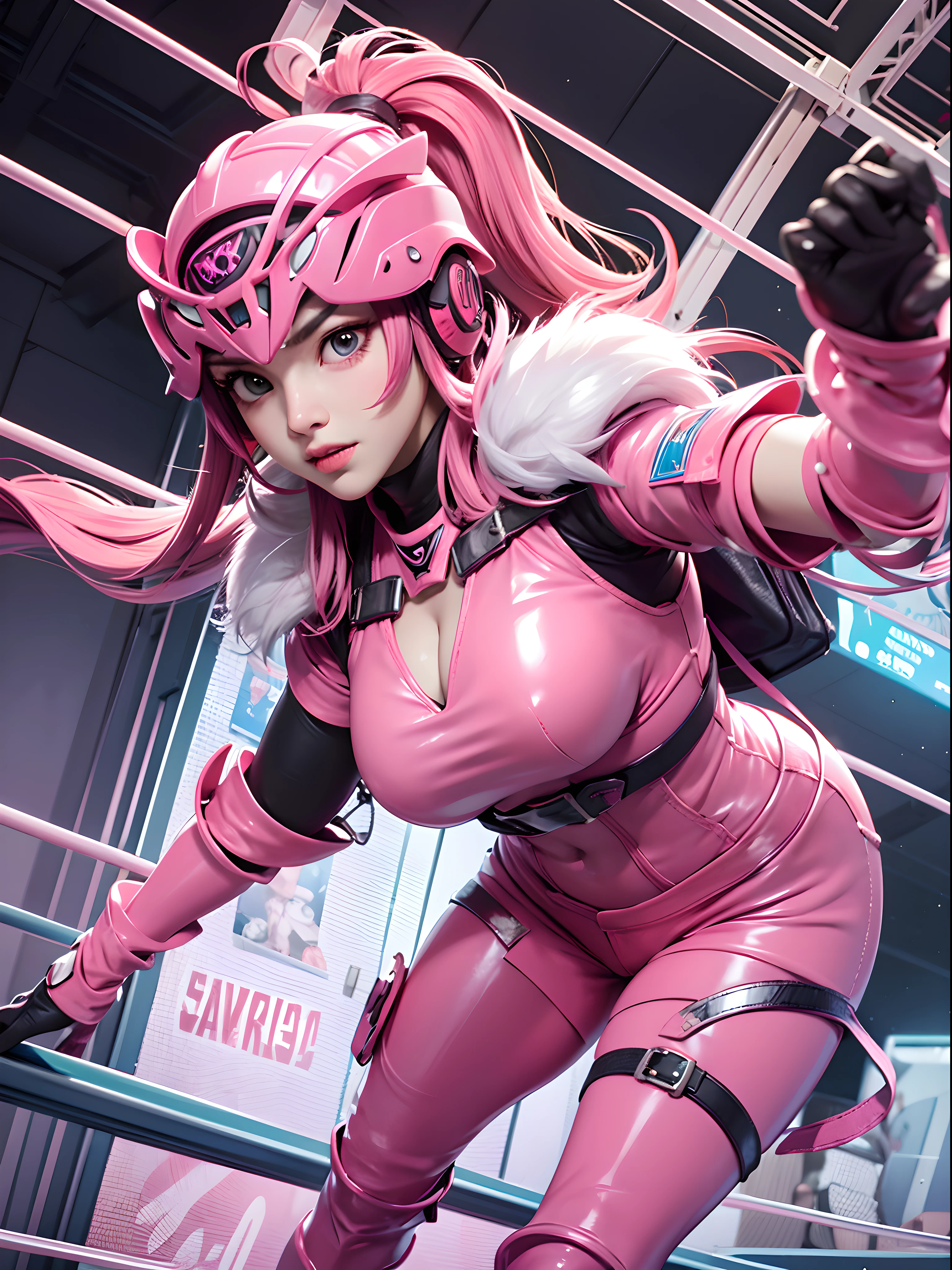 ((masterpiece)), (best quality), official art, extremely detailed CG, 1girl, (solo:1.4), sakurahime, pink armor, pink short boots, pink helmet, wrestling ring, standing,