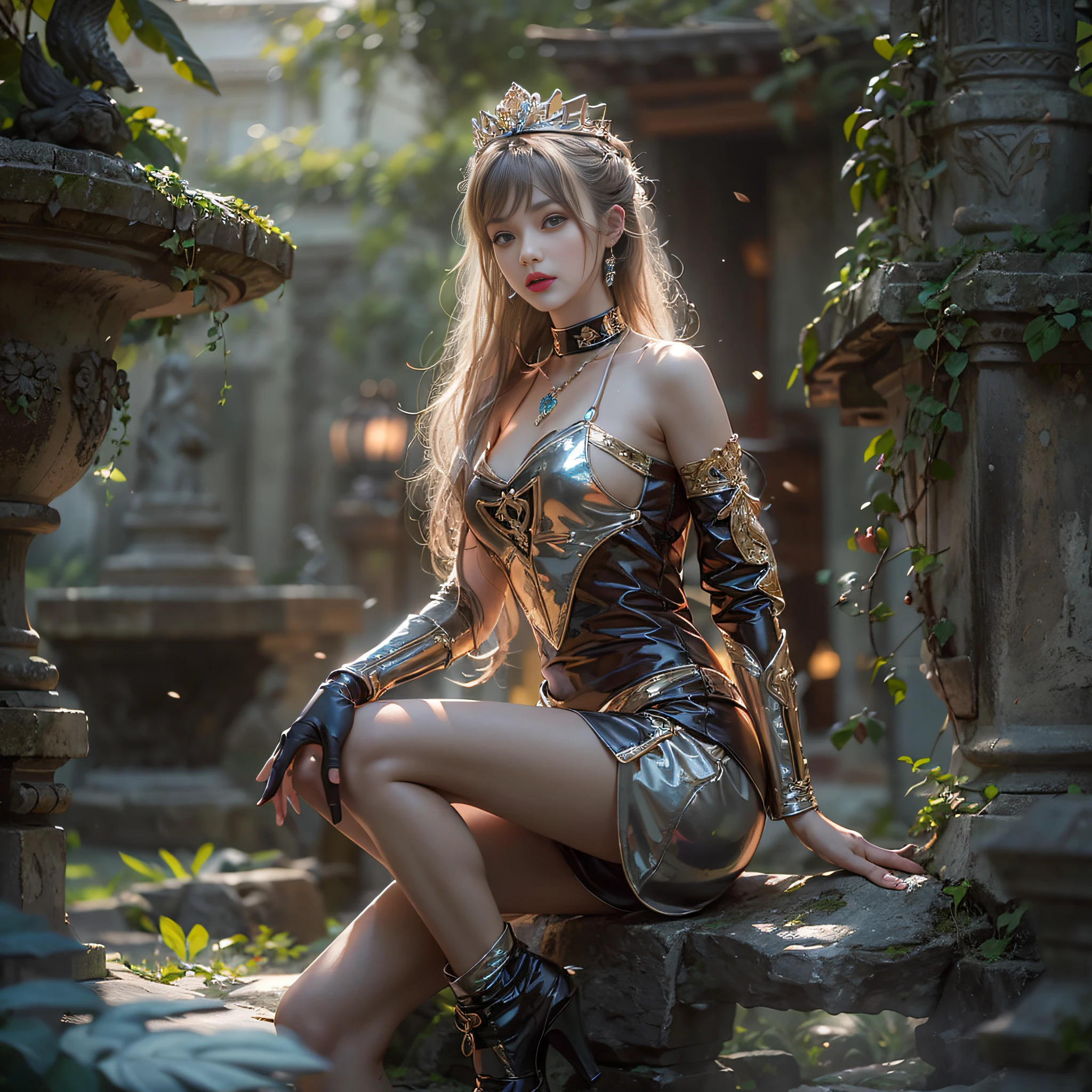 ((masterpiece:1.4)、(top-quality:1.4)、(reallistic:1.7))、Beautiful girl strolling in the garden of fantastic ancient city、Sexy Daughter、Super beautiful girl、1girl in:1.4、Dress like a queen、Glossy luxury latex、Luxury Latex Bodysuit、By Luis Royo、age19、Super Ultra Ultra Bikini、(Looking Back Beauty:1.4)、Cute tattoos、Outstanding style、(Two legs are drawn correctly:1.7)、(Two arms:1.4)、anatomical correct、Slender Abs、(beauty legs:1.4)、beautiful countenance、kawaii faces、Beautiful ass、A detailed eye、beautidful eyes、Raw photo、red-lips、Red high heels、a choker、a necklace、耳Nipple Ring、Fantasy of an ancient city、Fantasy worldview