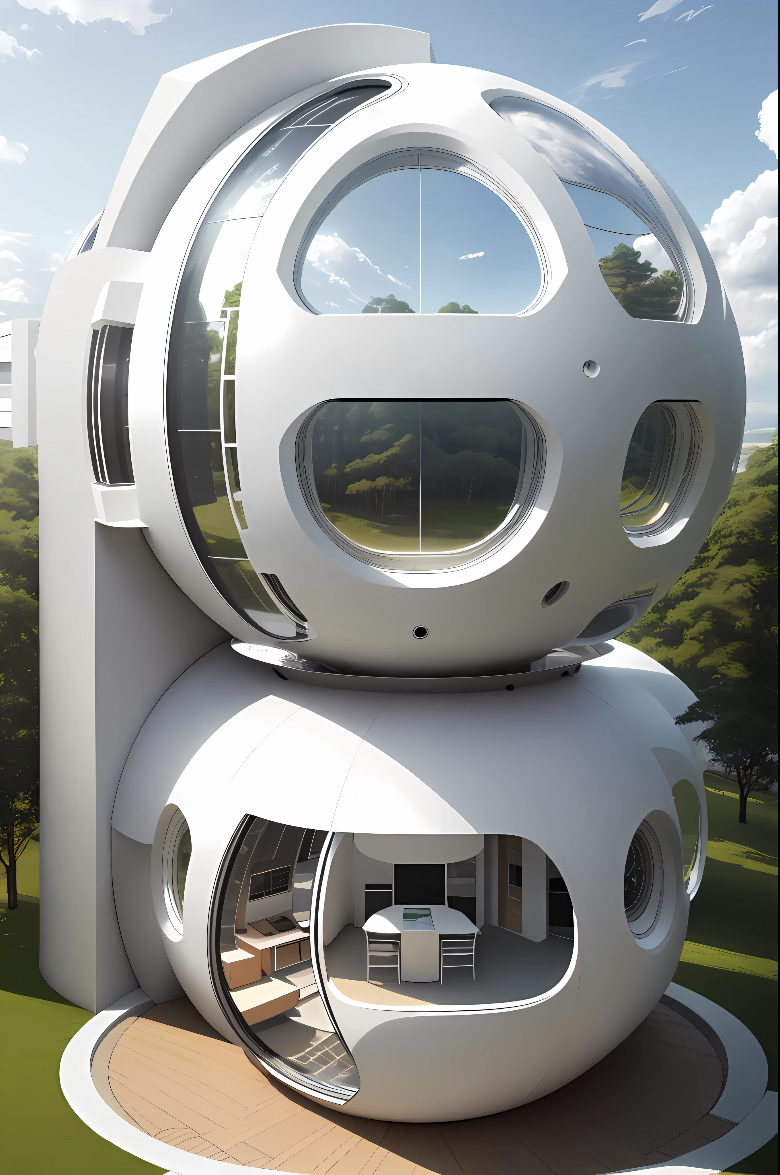 semi-spherical exterior home, nwe innovation, modern architectural design, new scientific home, high solar energy technology, white color and metallic, forest, daylight, sky, white cloud, realistic, photorealistic, futuristic, 8K, masterpiece, best quality, high resolution, extremely full detailed,