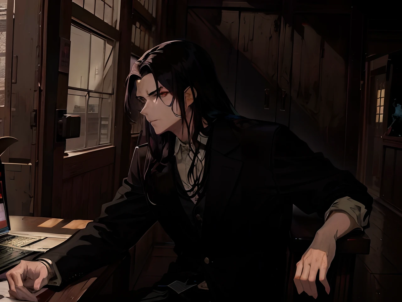 anime image of a men sitting at a desk with a laptop, artwork in the style of guweiz, handsome guy in demon slayer art, guweiz, shigenori soejima illustration, kawacy, by Yang J, painted in anime painter studio, handsome anime pose, inspired by Yamagata Hiro, guweiz masterpiece