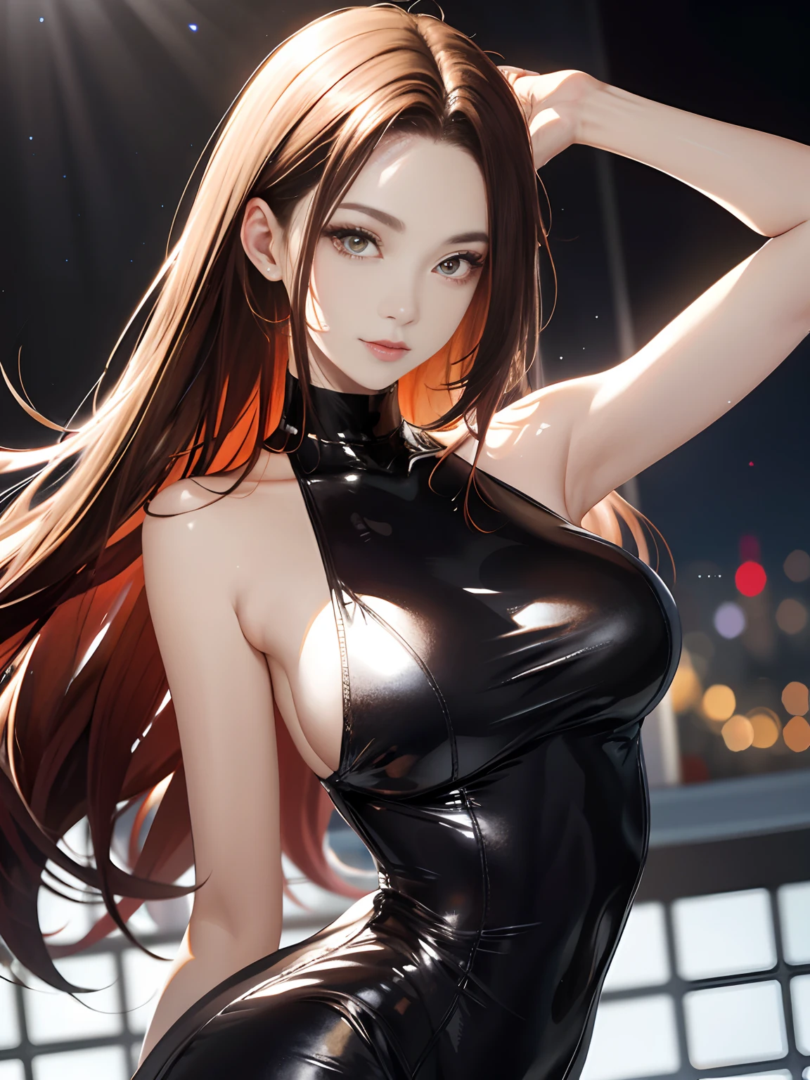 8K,tmasterpiece,bset quality,The large,(1个Giant Breast Girl),Red_Eyes,brunette color hair,long whitr hair,Glossy glossy skin,shiny big,((best qualtiy)),Clear focus: 1.2,Very detailed face and skin texture,Detailed eyes,s the perfect face,Perfect body,Artistically,CG,blur backgroun,Big and present,20yr old,Mature cool face wearing(tightly dress)