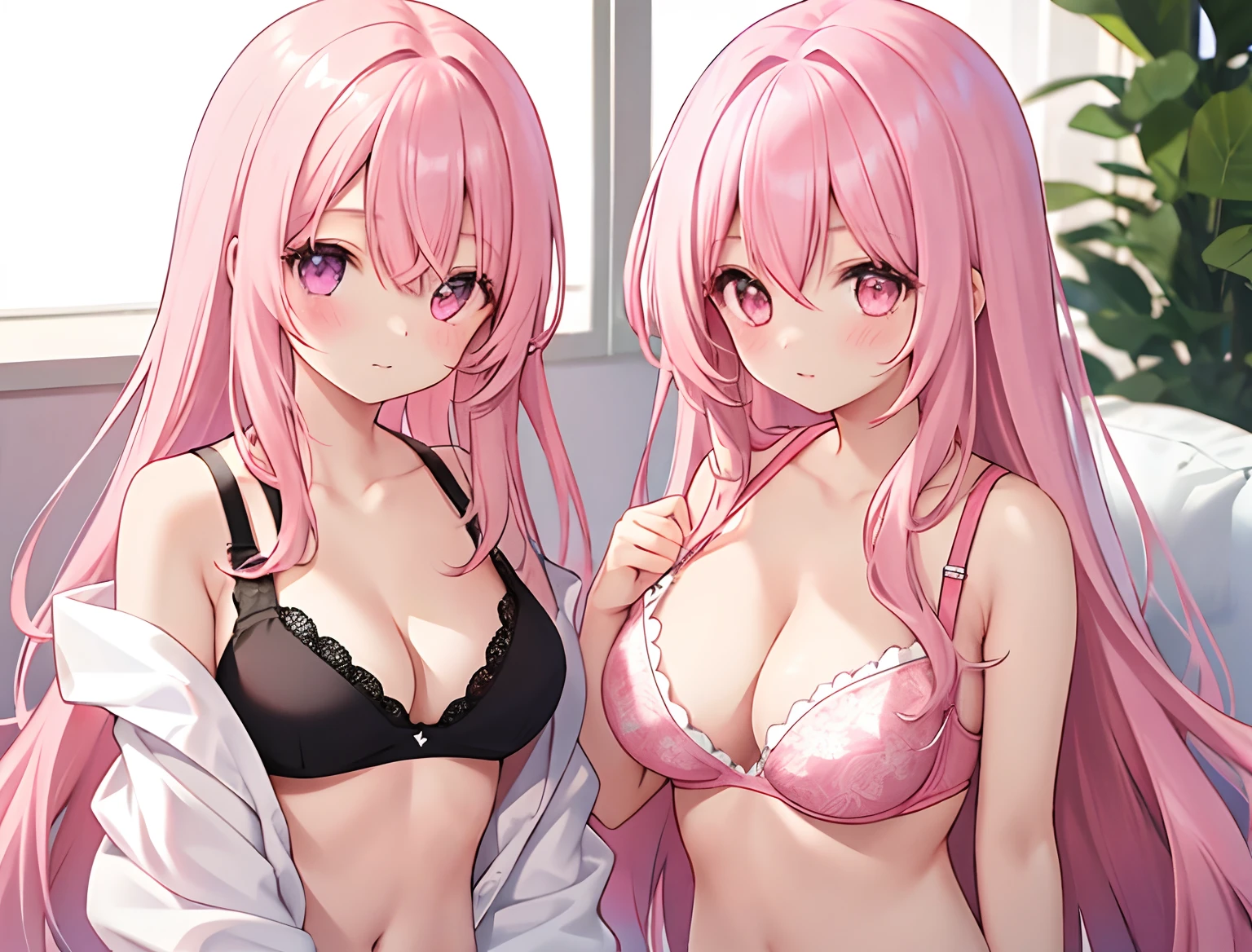 2girls，A pink-haired，long whitr hair，mediuml breasts，Wear only a bra，Breast fit