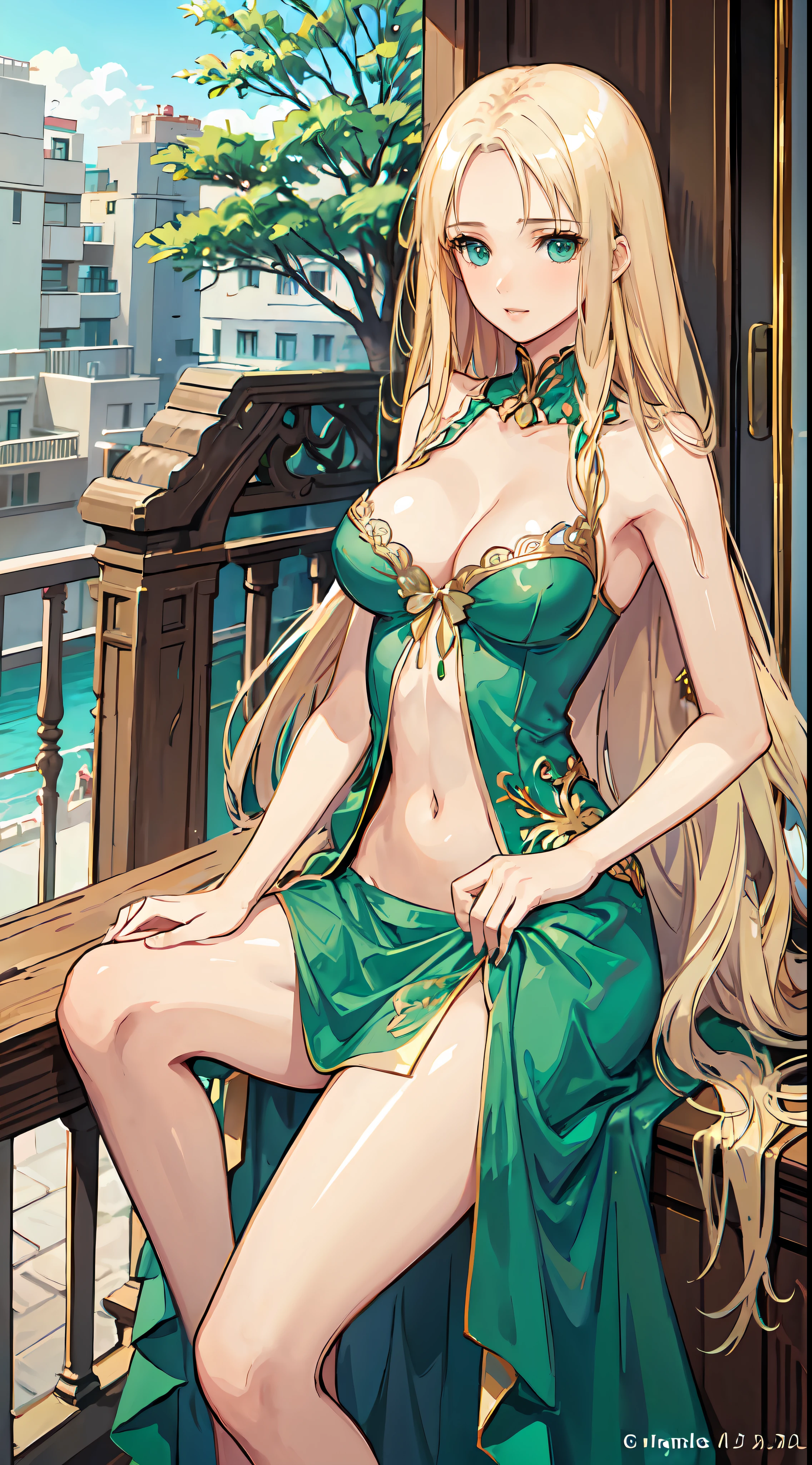 blonde hair, long hair, green eyes, green gown, short skirt, slim legs, navel, balcony, happy, cleavage