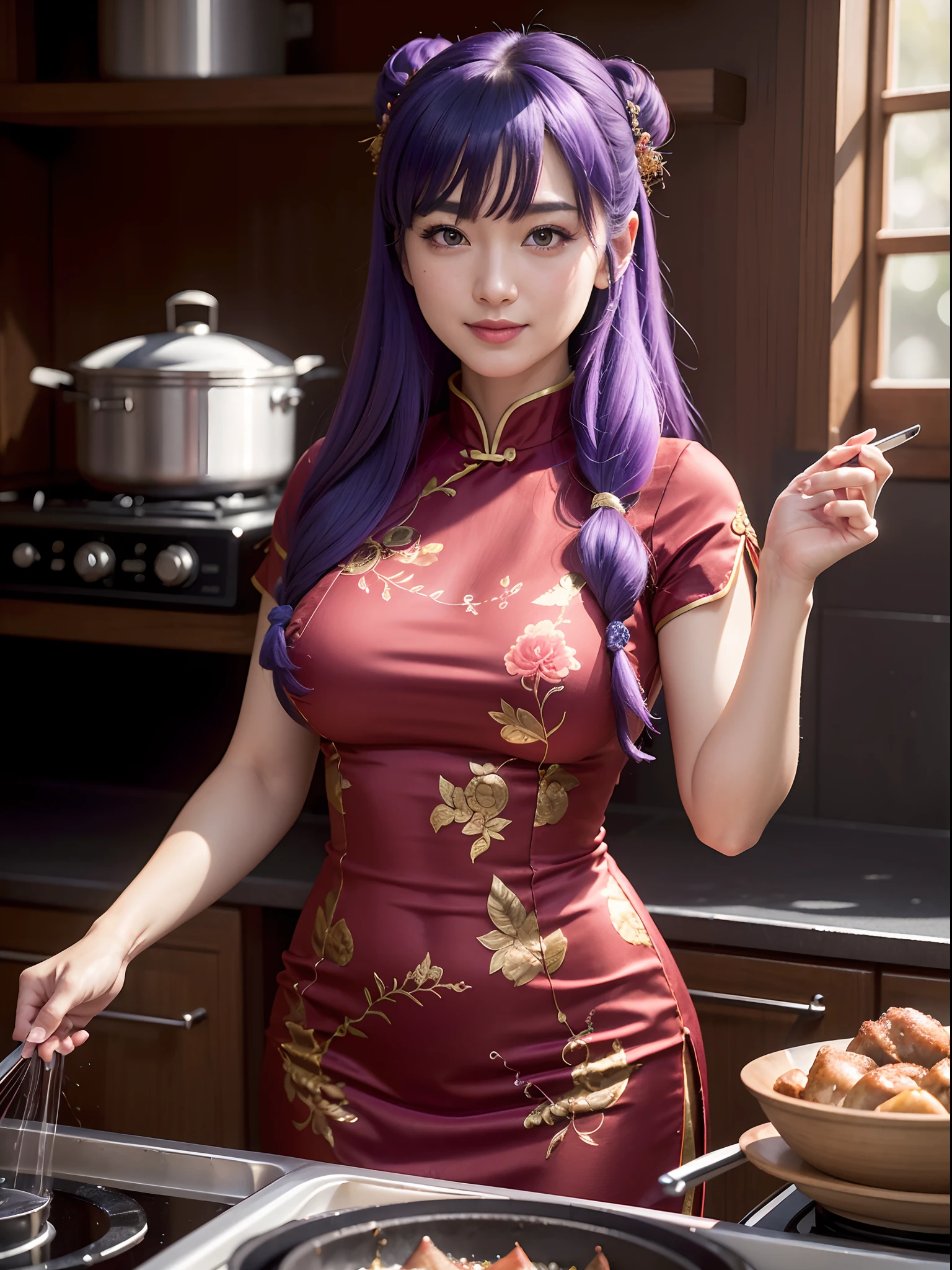 ((Masterpiece)), (high resolution:1.4), shampoowaifu, chinese dress, (red chinesse dress), (standing:1.5), (purple hair:1), (cooking:1.5), restaurant kitchen background, sexy smile, beautiful face, highly detailed skin, skin pores,(highly detailed face:1.1), (highly detailed eyes:1.1), realistic pupils, full face blush, full lips, (perfect anatomy:1.1), (perfect proportions:1.1), (photography:1.1), (photorealistic:1.1), volumetric lighting, dynamic lighting, real shadows, (highres:1.1), sharp focus, (realistic, hyperrealistic:1.4), intricate, high detail, dramatic, subsurface scattering, big depth of field, vivid, polished, sharpened, ((full Sharp)), (extremely absurdres),16k hdr,