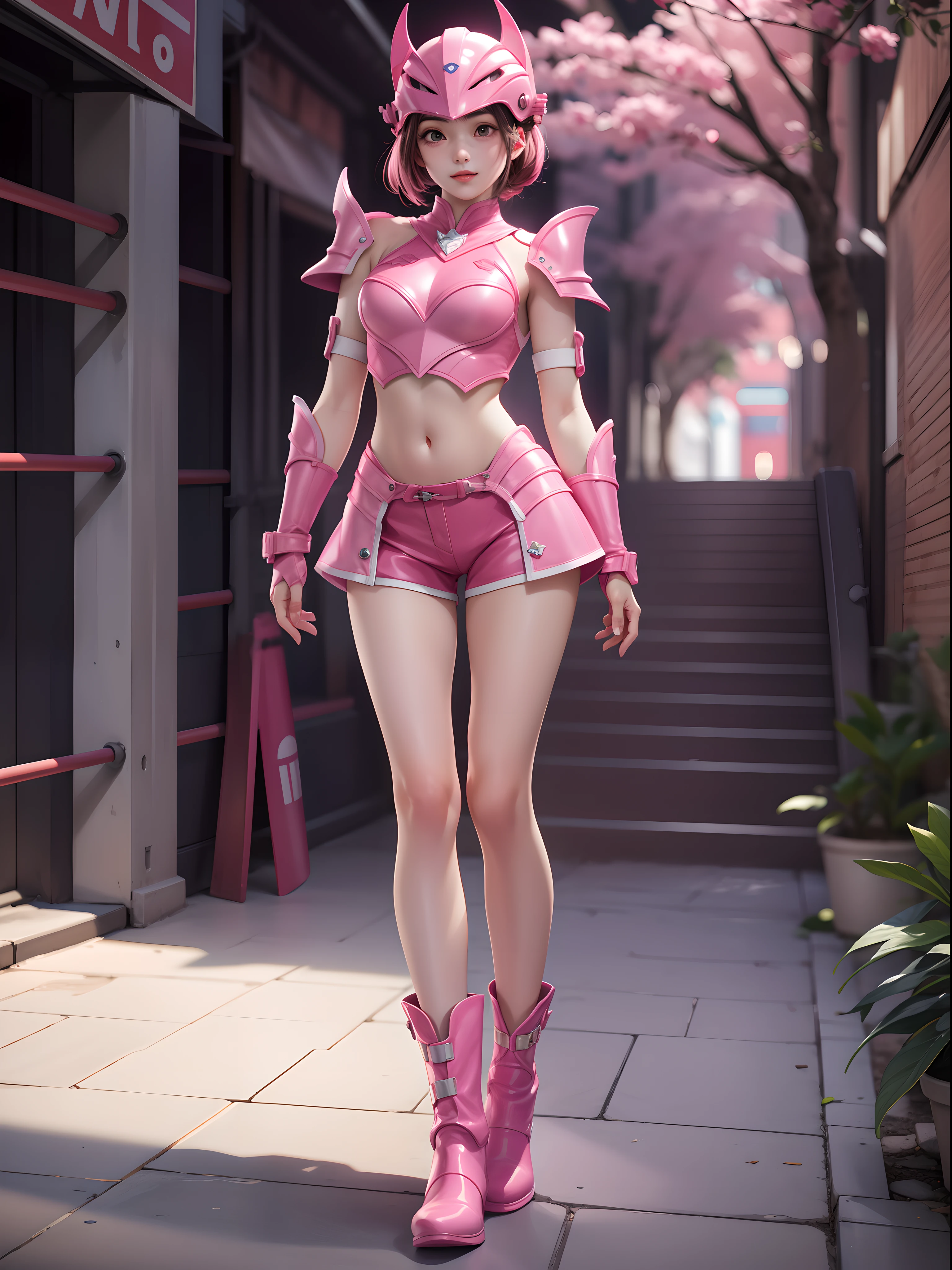 ((masterpiece)), (best quality), official art, extremely detailed CG, 1girl, (solo:1.4), sakurahime, pink armor, pink short boots, pink helmet, wrestling ring, standing,