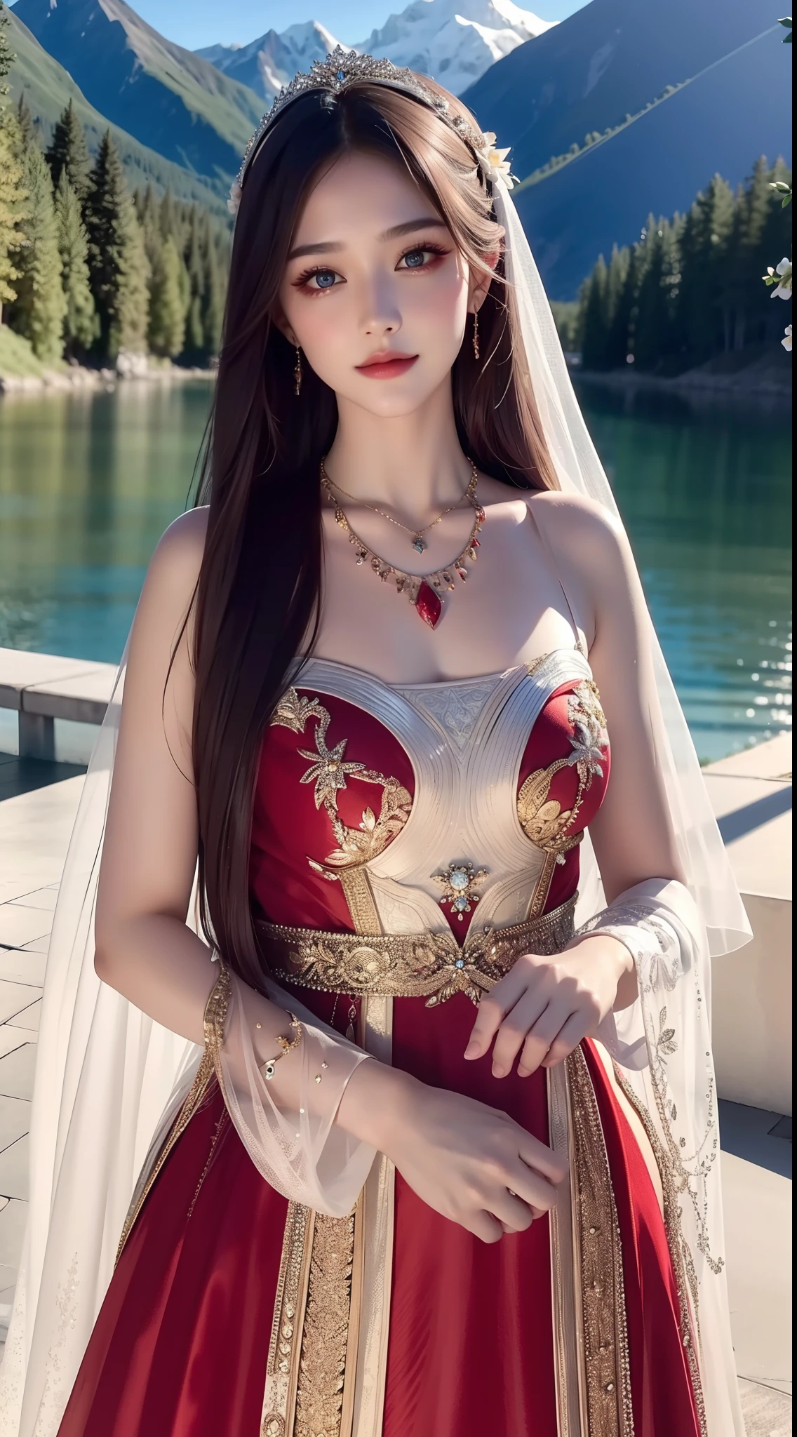 4K ultra hd, masterpiece, a cute girl, good face, detailed eyes, liquid lipstick, long hair, spreading hair, necklace, beautiful dress, long dress, marriage dress, red color, high lights, light effects, shining, realistic background, nature background, flower, mountains, whole body capture,