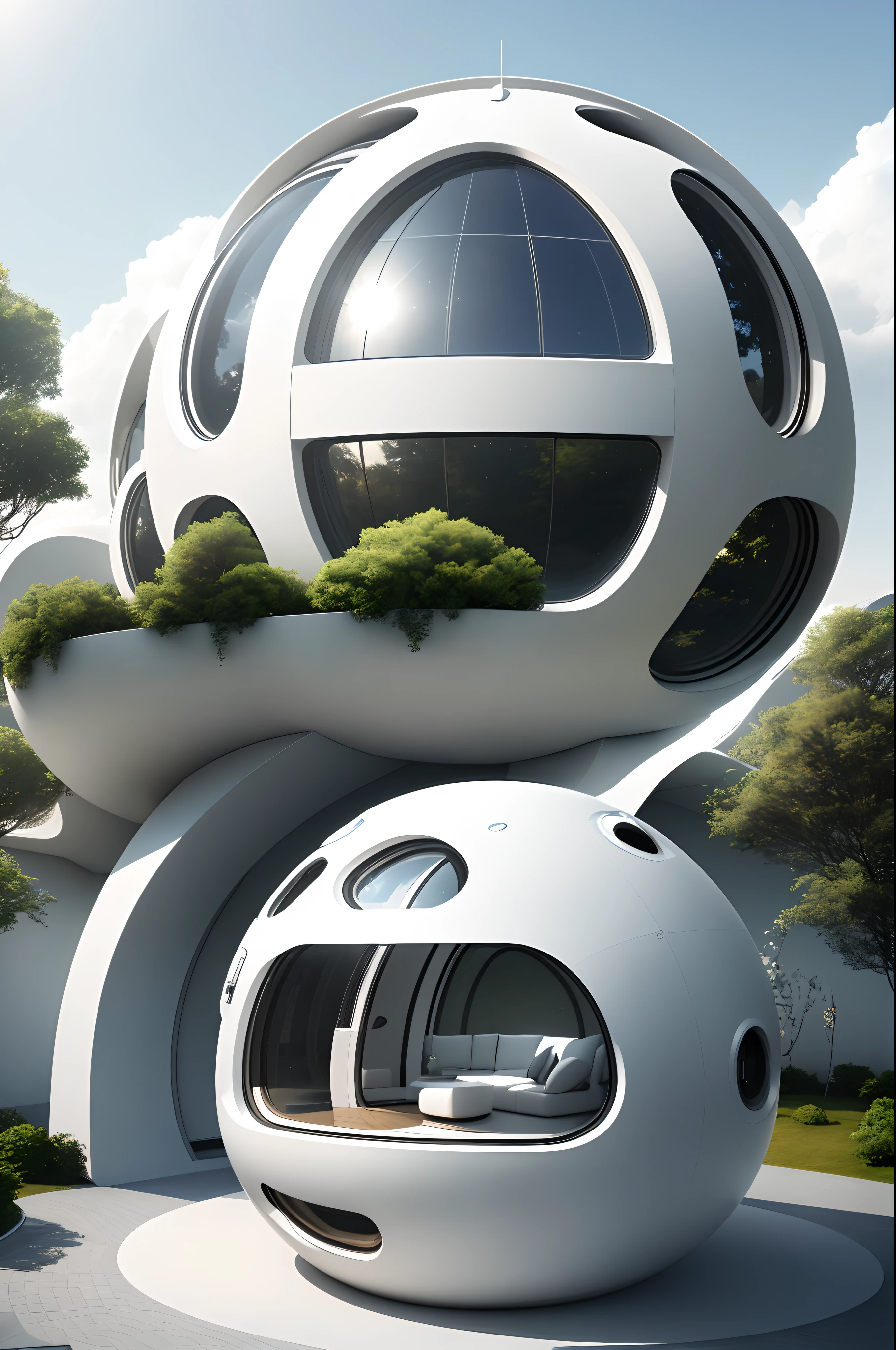 semi-spherical exterior home, nwe innovation, modern architectural design, new scientific home, high solar energy technology, white color and metallic, forest, daylight, sky, white cloud, realistic, photorealistic, futuristic, 8K, masterpiece, best quality, high resolution, extremely full detailed,