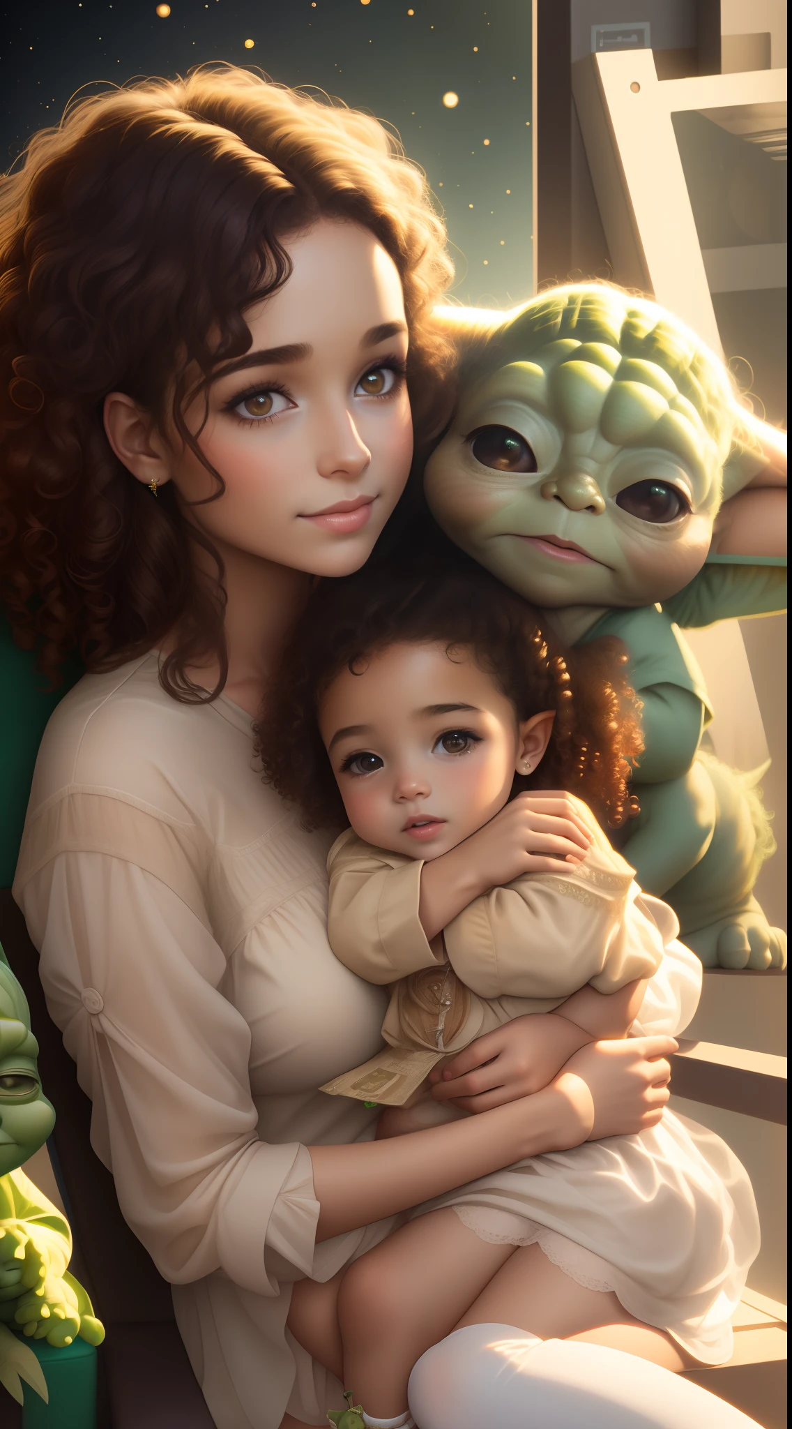 a beautiful human girl with curly brown hair holding a baby Yoda in her lap, guerra nas estrelas, art-station, ...cgi_animation, encaracolado_Hair, cute_girl.