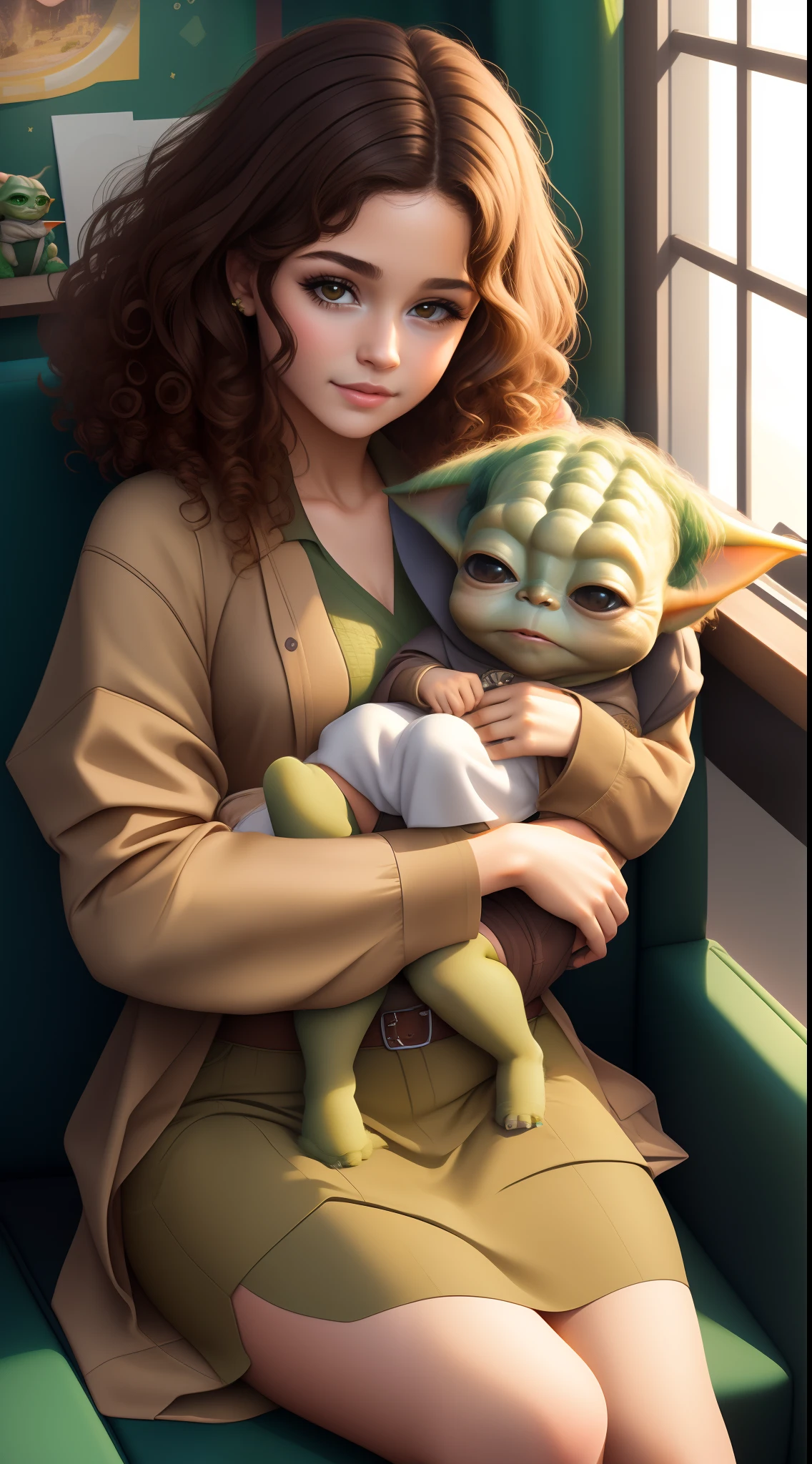 a beautiful human girl with curly brown hair holding a baby Yoda in her lap, guerra nas estrelas, art-station, ...cgi_animation, encaracolado_Hair, cute_girl.