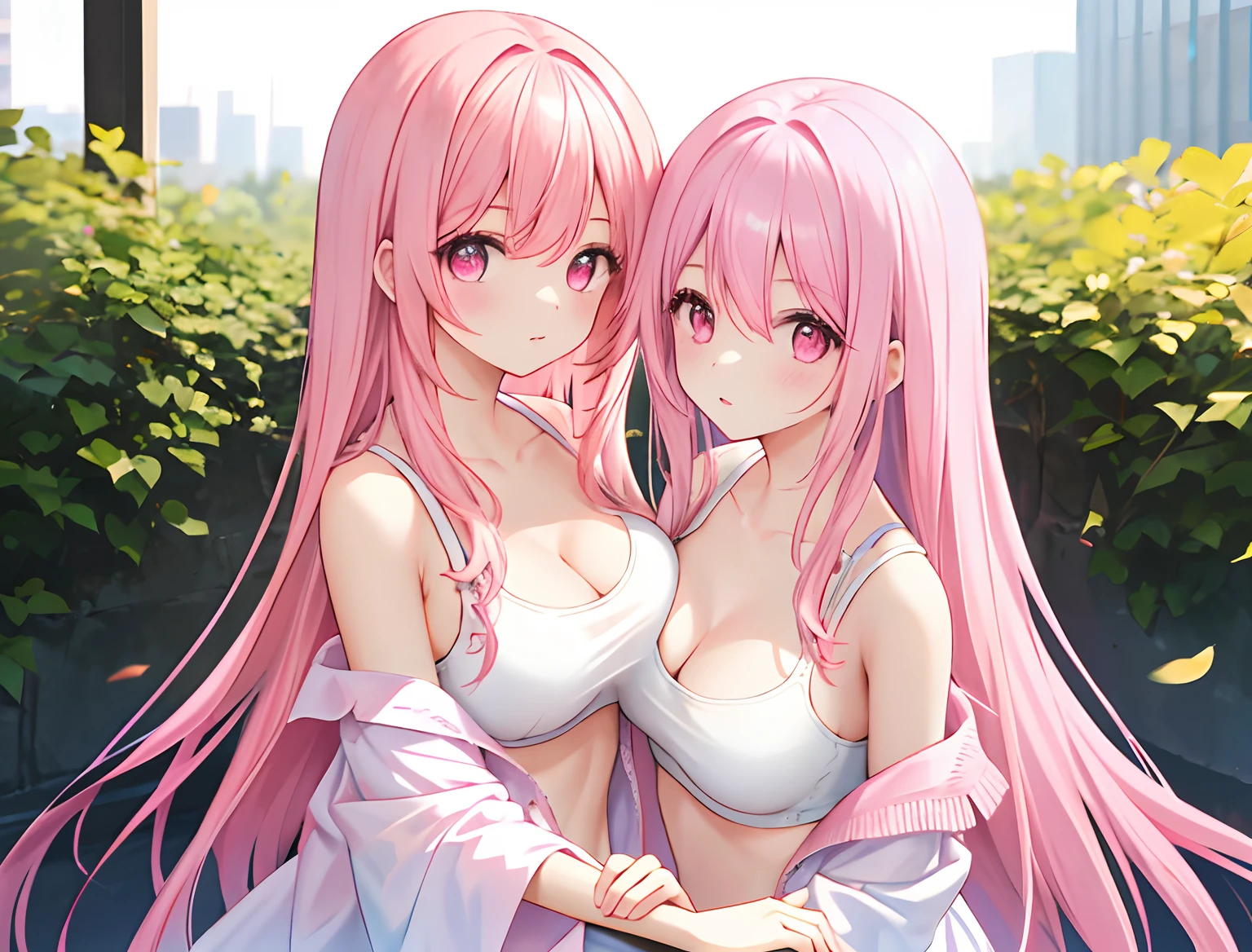 2girls,A pink-haired,long whitr hair,mediuml breasts,Wear only a bra,Breast colliding