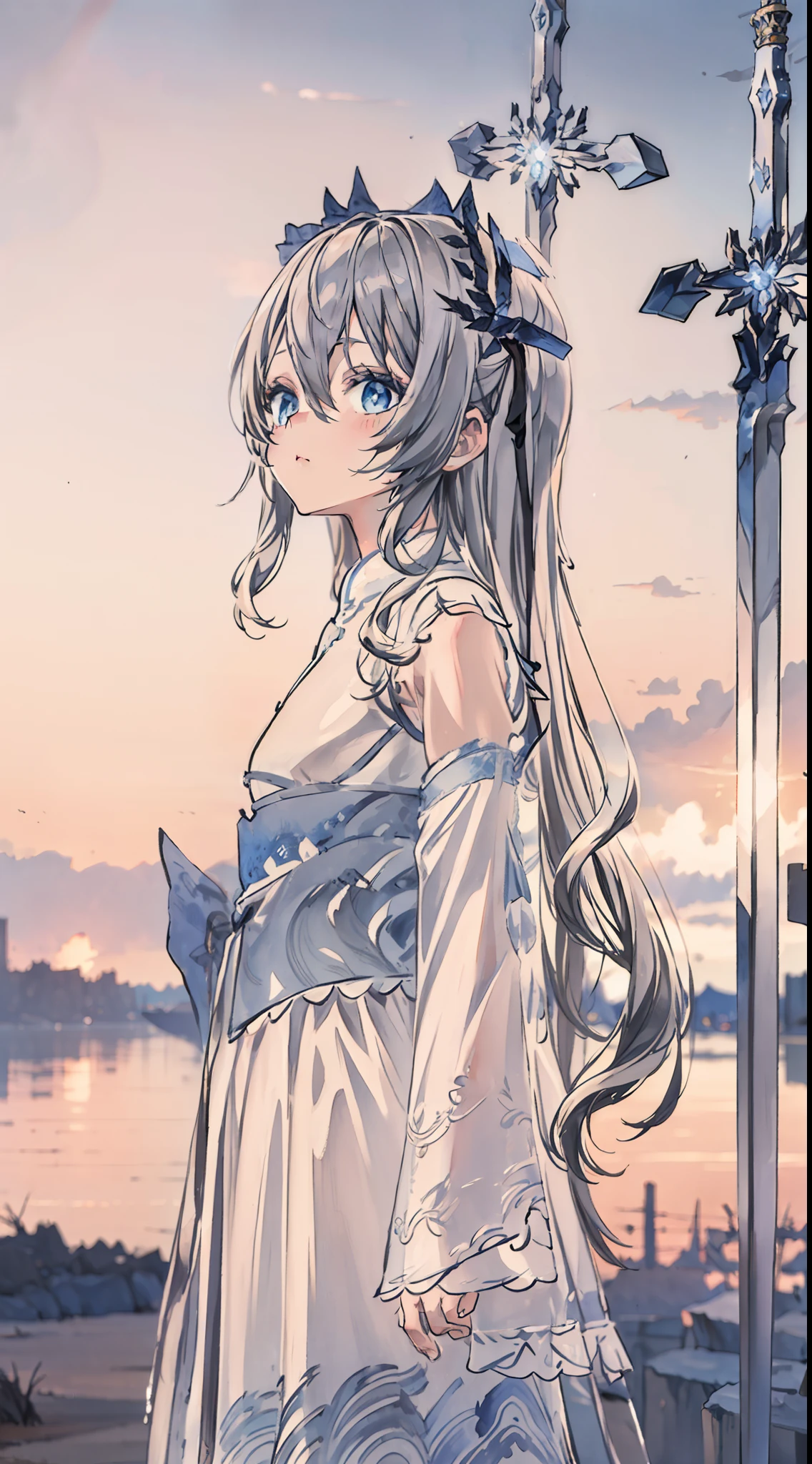 ((Best quality)), ((Masterpiece)), ((Ultra-detailed)), (illustration), (Detailed light), (An extremely delicate and beautiful),A charming young girl,Lucif - Hanfu,white long hair,Blue sky,The sword floats behind back.