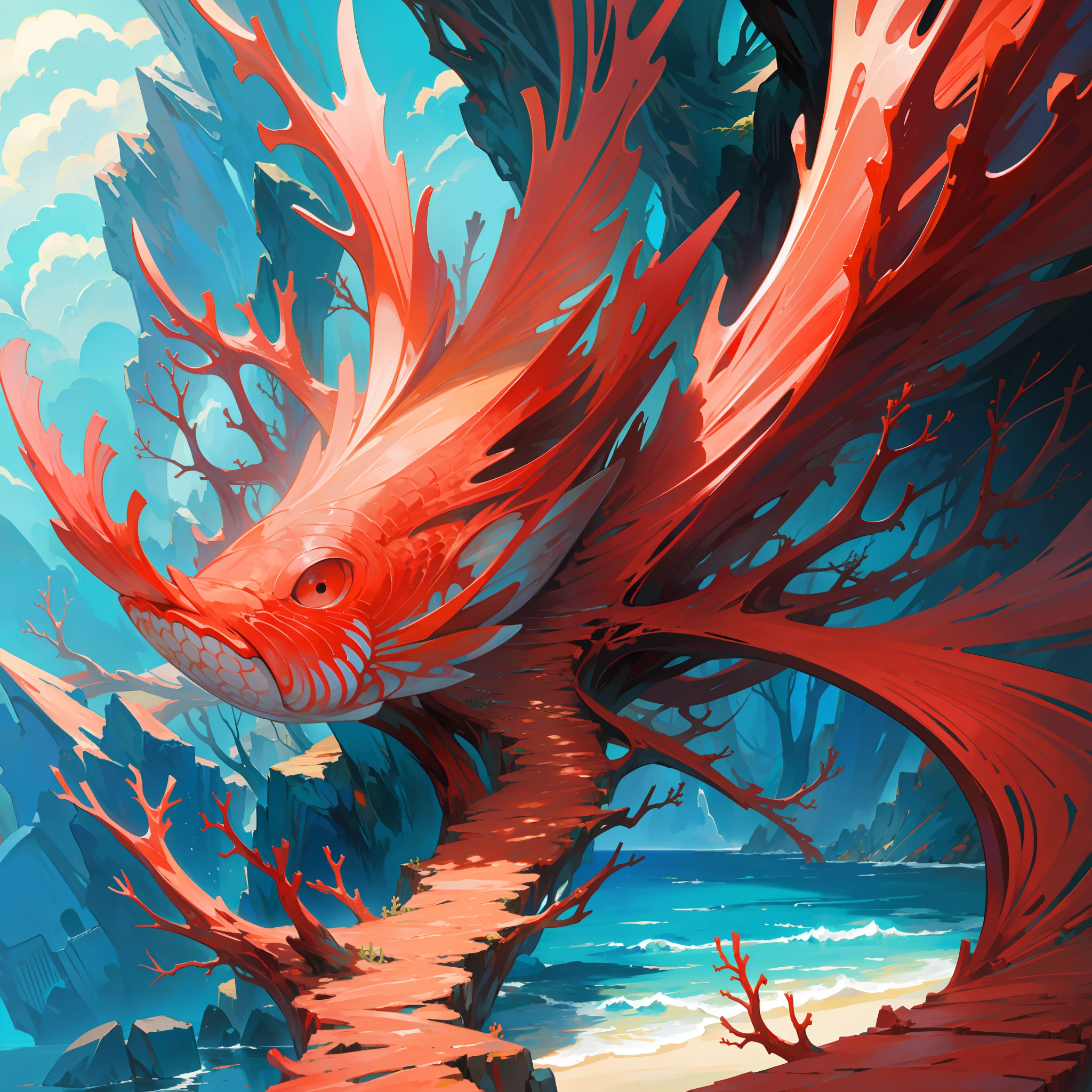 Coral Formation, Branching Red, Dragonet fish around, surrealism art style