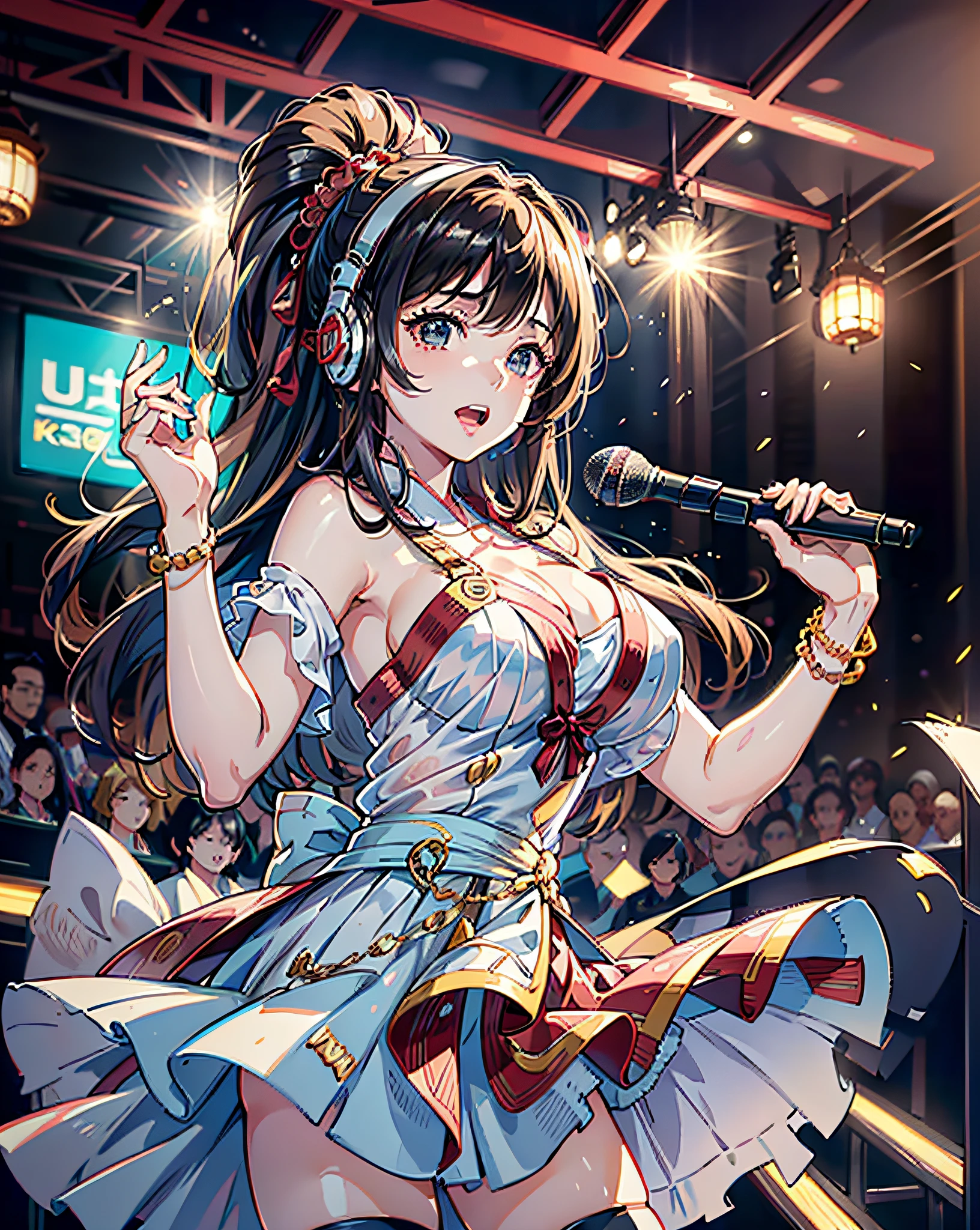 (Anime style:1.3), (Realistic, Photorealistic: 1.37), (Masterpiece, Best Quality: 1.37), (Ultra High Resolution: 1.2), (RAW Photo: 1.2), (Sharp Focus: 1.3), (Face Focus: 1.2), (Ultra Detailed CG Unified 8k Wallpaper: 1.2), (Beautiful Skin: 1.2), (pale Skin: 1.3), (Hyper Sharp Focus: 1.5), (Ultra Sharp Focus: 1.5), ( Beautiful pretty face: 1.3), (Japanese actress face:1.3), (super detailed background, detail background: 1.3), masterpiece, best quality, high res, ultra detailed, hyper sharp, absurdres, detailed face, white skin, real human skin, (detailed face), oval face, pores, from below, low angle, looking down the viewer, ultra high res, (8k, RAW photo, photorealistic:1.4), BREAK, 1girl, slim, (large-breast:1.37, cleavage), Illustration of a scene in which an idol singer is singing enthusiastically on a live stage.
The idol singer is standing in the center of the stage.
The idol singer is wearing a mini-skirt and boots.
The idol singer has her hair up and is wearing a headset.
The idol singer is holding a microphone and singing.
The idol singer's expression is serious and powerful.
The singer's voice is strong and beautiful.
Fans are gathered around the stage.
Fans are singing and dancing along with the idol singers.
The venue is filled with excitement.
This illustration shows the passionate live performance of an idol singer. Fans are fascinated by the idol singer's voice and performance. The venue is filled with excitement and the idol singer's live performance is a success.