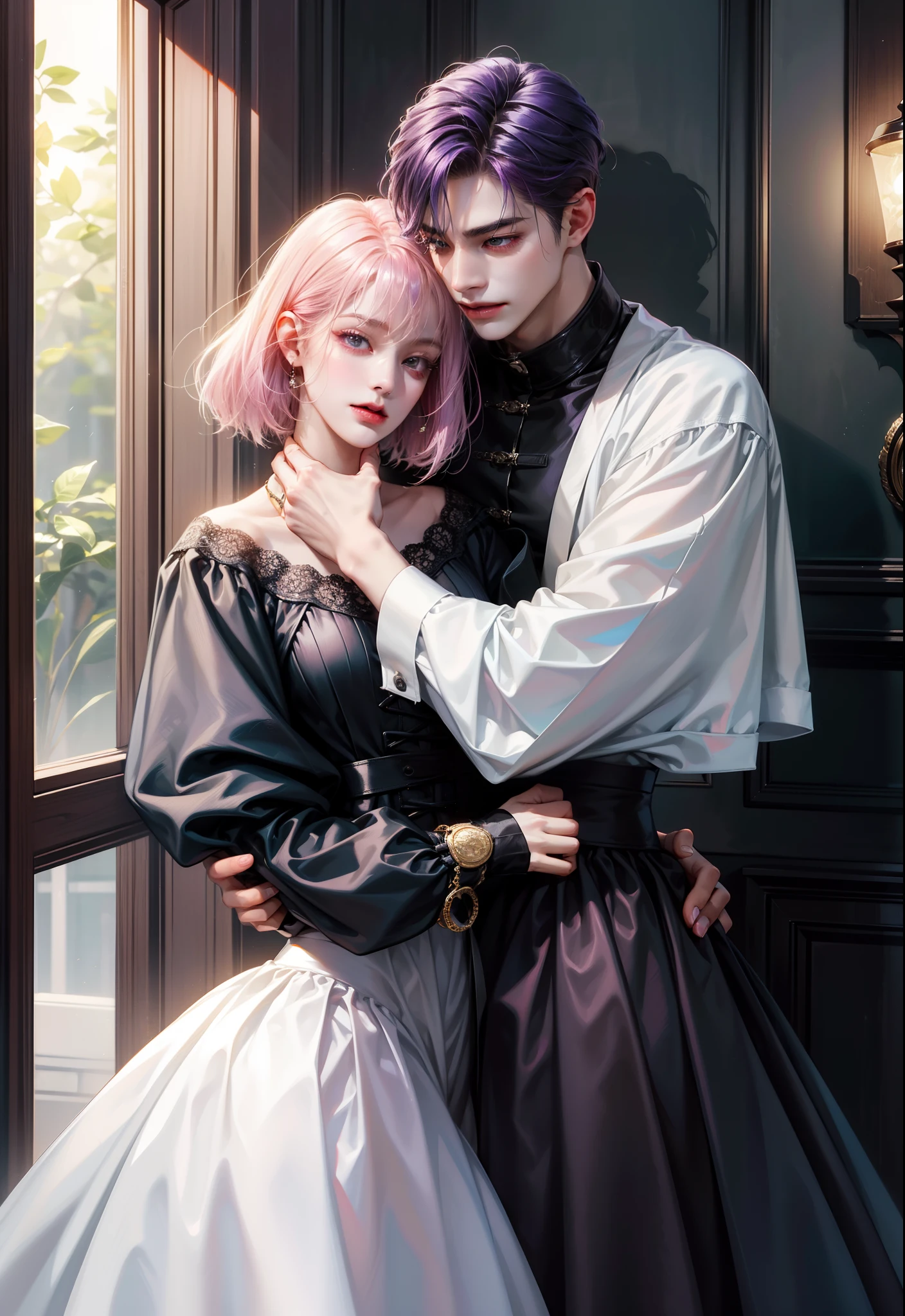 masterpiece, top-quality, 2Others, Male and female couples, 1 man and 1,, Adults, Height difference, different fashion, different color, finely eye and detailed face, intricate detailes, Casual clothing, Oversized shirt, Modern urban streets, Hands on back, A smile, Happiness, tenderness, high-level image quality、 beautiful male、tall、hug from behind、Trying to kiss、window、nightfall、nighttime scene、𝓡𝓸𝓶𝓪𝓷𝓽𝓲𝓬、Korean Male, Idol Photos, k pop, Professional Photos, Vampires, Korean fashion in black and white, By Fedman with a necklace, inspired by Sim Sa-jeong, androgynous vampire, :9 detailed face: 8, extra detailed face, detailed punk hair, ((asa)) baggy eyes, Seductive. Highly detailed, semi realistic anime, Vampires, hyperrealistic teen, delicate androgynous prince, imvu, short hair above the ears, Man with short hair, Woman with long hair, A man with a glaring expression and a woman with a gentle expression, With a short-haired man with bright purple hair, Woman with pretty long pink hair