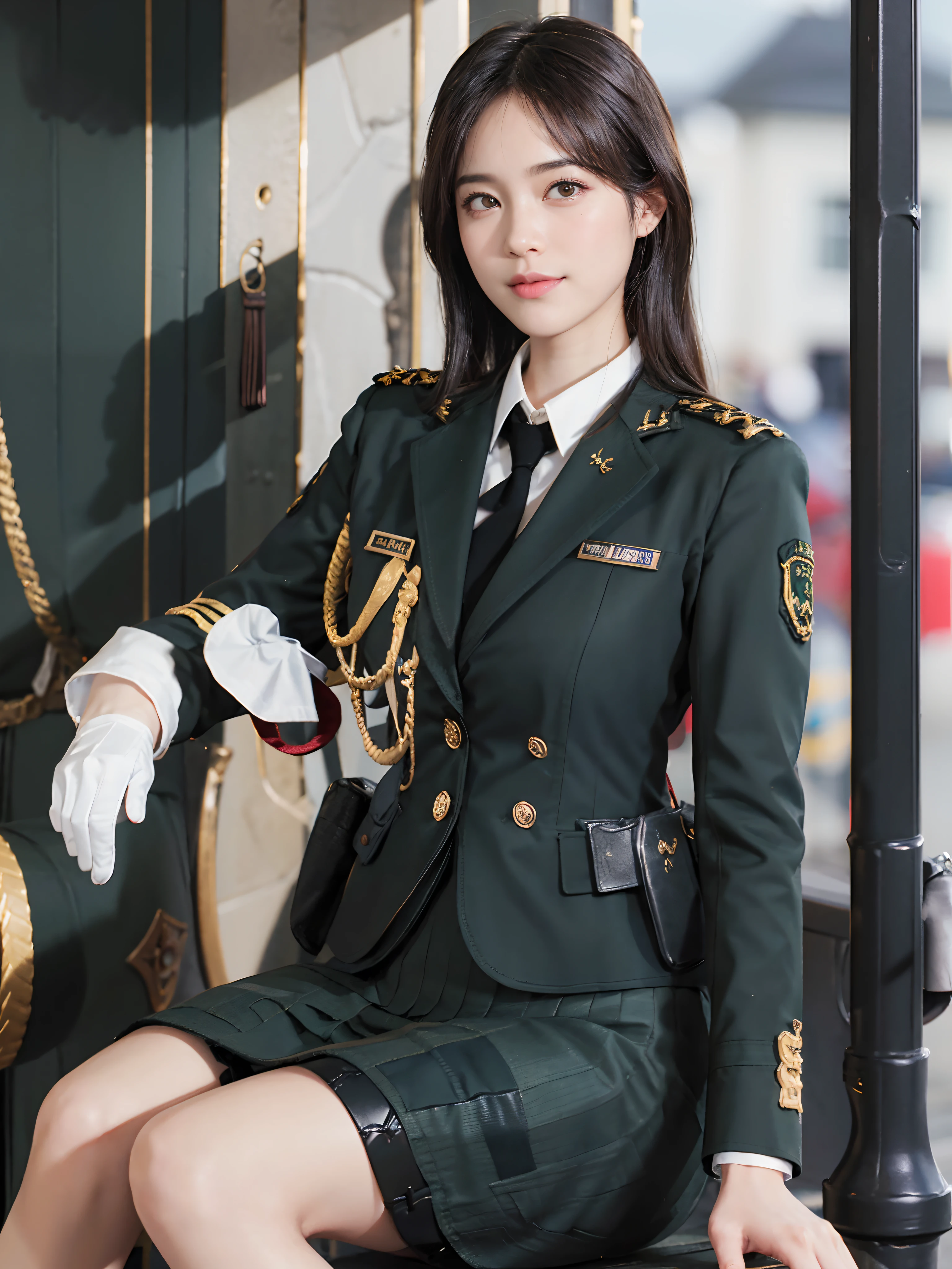 Usually detailed CG Unity 8K wallpaper，（tmasterpiece），（best qualtiy），（ultra - detailed），（Ultra photo realsisim），（best character detail：1.36），Nikon D750 f / 1.4 55mm，profesional lighting， physically-based renderingt, 1girll, Female soldier，army suit，Dark green military uniform，Fabric texture military uniform，Pure white lining，Dark green tie，Army green skirt，Bare legged，Plump legs，whitestocking，Black hair，the golden ratio,[:(com rosto detalhado:1.2):0.2]:，PureErosFace_V1, broad shoulder,(Bigchest:1.5),(big assa:1.5),Sit on grass，red flags，In the square，Splendid scenery，bright sun，RAW photogr，photore， Night Street，lighting，Contre-Jour，Bright smile，White teeth，