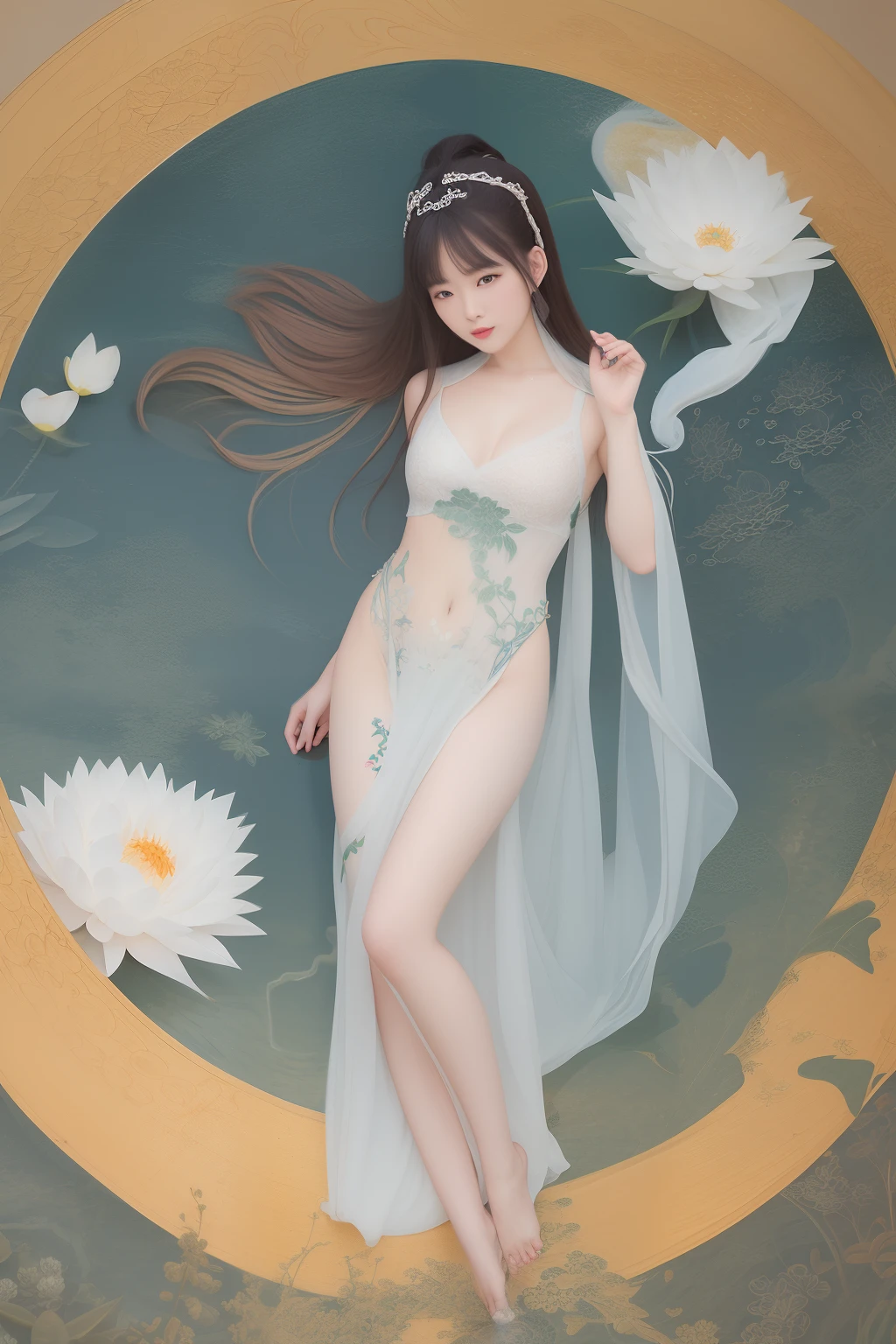 Traditional chinese painting, lotuses, Cover your breasts, Dress revealingly 1girl, blue long hair, ssmile, standing on your feet, Feet in the water, The barefoot,