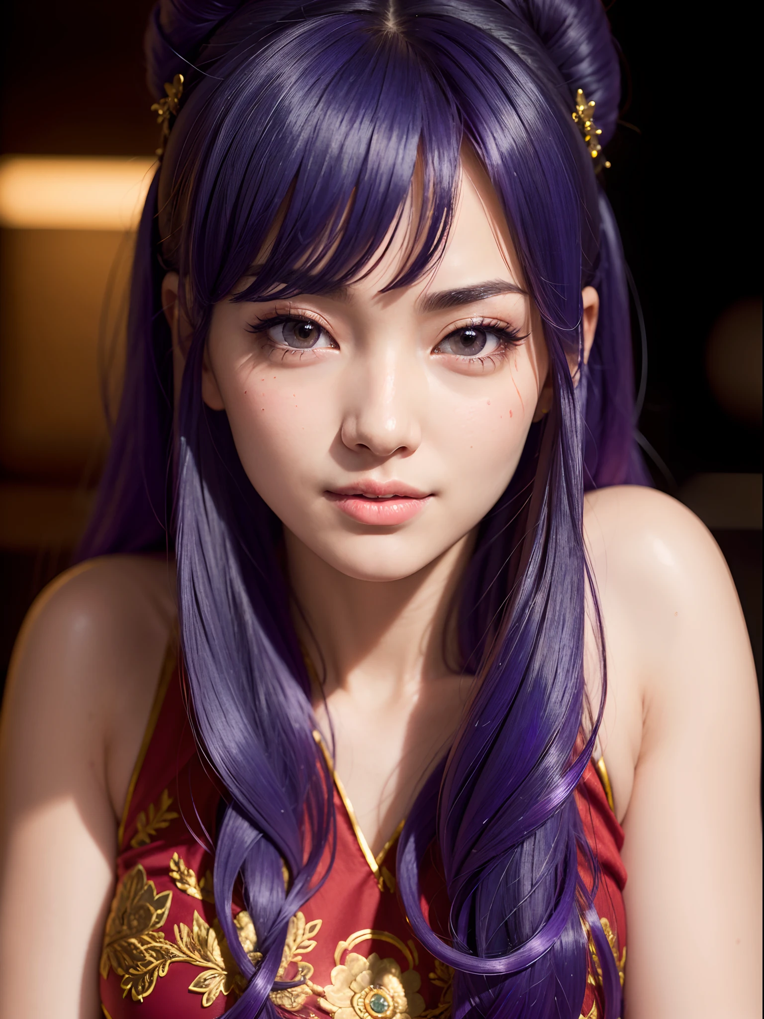 ((Masterpiece)), (high resolution:1.4), shampoowaifu, chinese dress, (red chinesse dress), (close up:1.5), (purple hair:1), restaurant kitchen background, sexy smile, beautiful face, highly detailed skin, skin pores,(highly detailed face:1.1), (highly detailed eyes:1.1), realistic pupils, full face blush, full lips, (perfect anatomy:1.1), (perfect proportions:1.1), (photography:1.1), (photorealistic:1.1), volumetric lighting, dynamic lighting, real shadows, (highres:1.1), sharp focus, (realistic, hyperrealistic:1.4), intricate, high detail, dramatic, subsurface scattering, big depth of field, vivid, polished, sharpened, ((full Sharp)), (extremely absurdres),16k hdr,