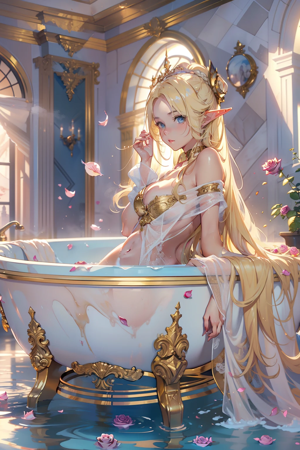 nsfw, ((1girl)), ((masterpiece)), realistic, ((highly detailed:1.3)), beautiful elf princess bathing in a marble tub, ((very long blonde hair)), wet hair, wearing a sheer bathrobe, clothed bathing, ivorygoldai, royal palace bathroom setting, steam, ornate marble tub, (rose petals floating in water:1.3), early morning light, windows, crepuscular lighting, dynamic pose, dynamic angle,