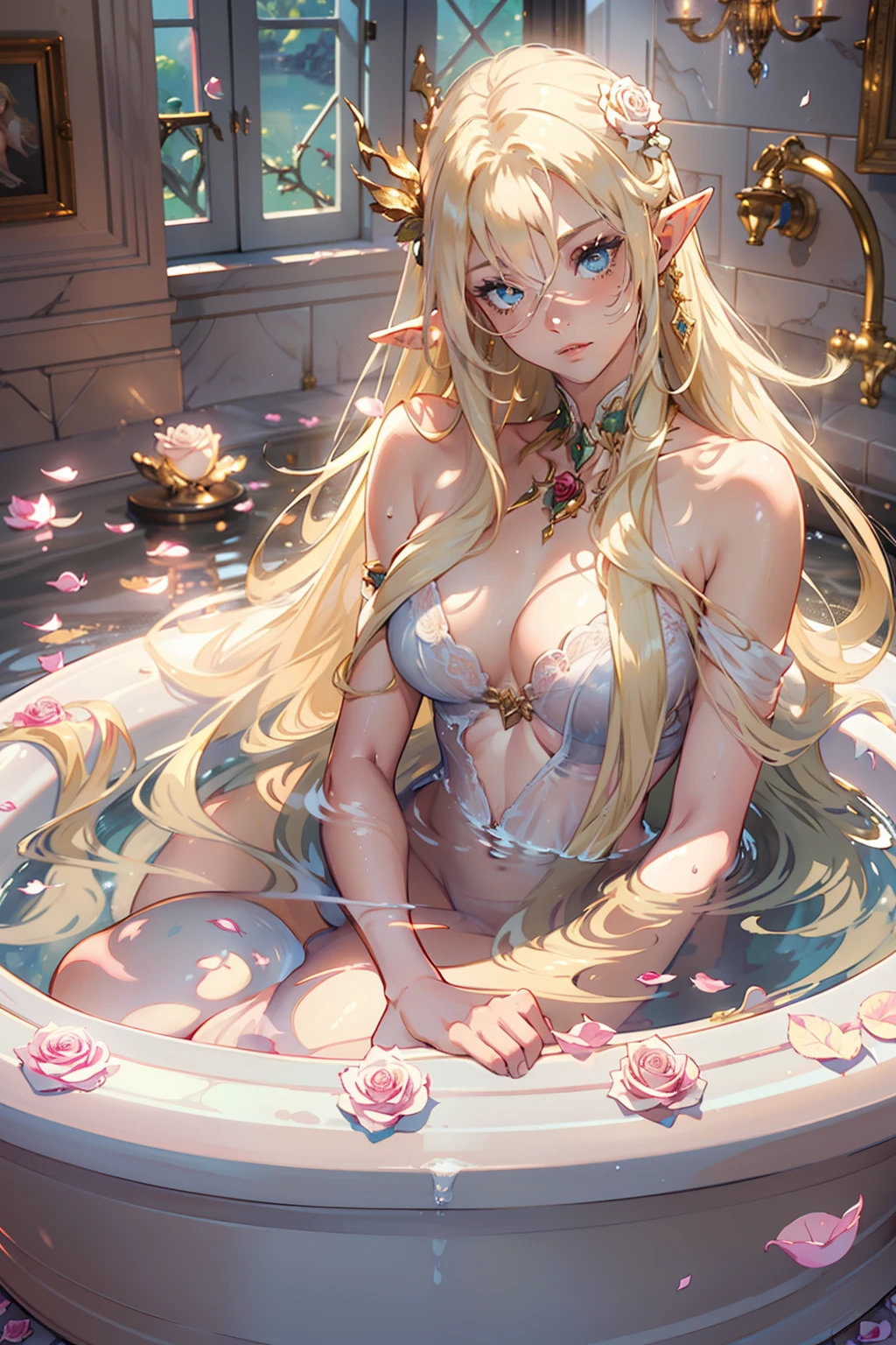 nsfw, ((1girl)), ((masterpiece)), realistic, ((highly detailed:1.3)), beautiful elf princess bathing in a marble tub, ((very long blonde hair)), wet hair, wearing a sheer bathrobe, clothed bathing, ivorygoldai, royal palace bathroom setting, steam, ornate marble tub, (rose petals floating in water:1.3), early morning light, windows, crepuscular lighting, dynamic pose, dynamic angle,