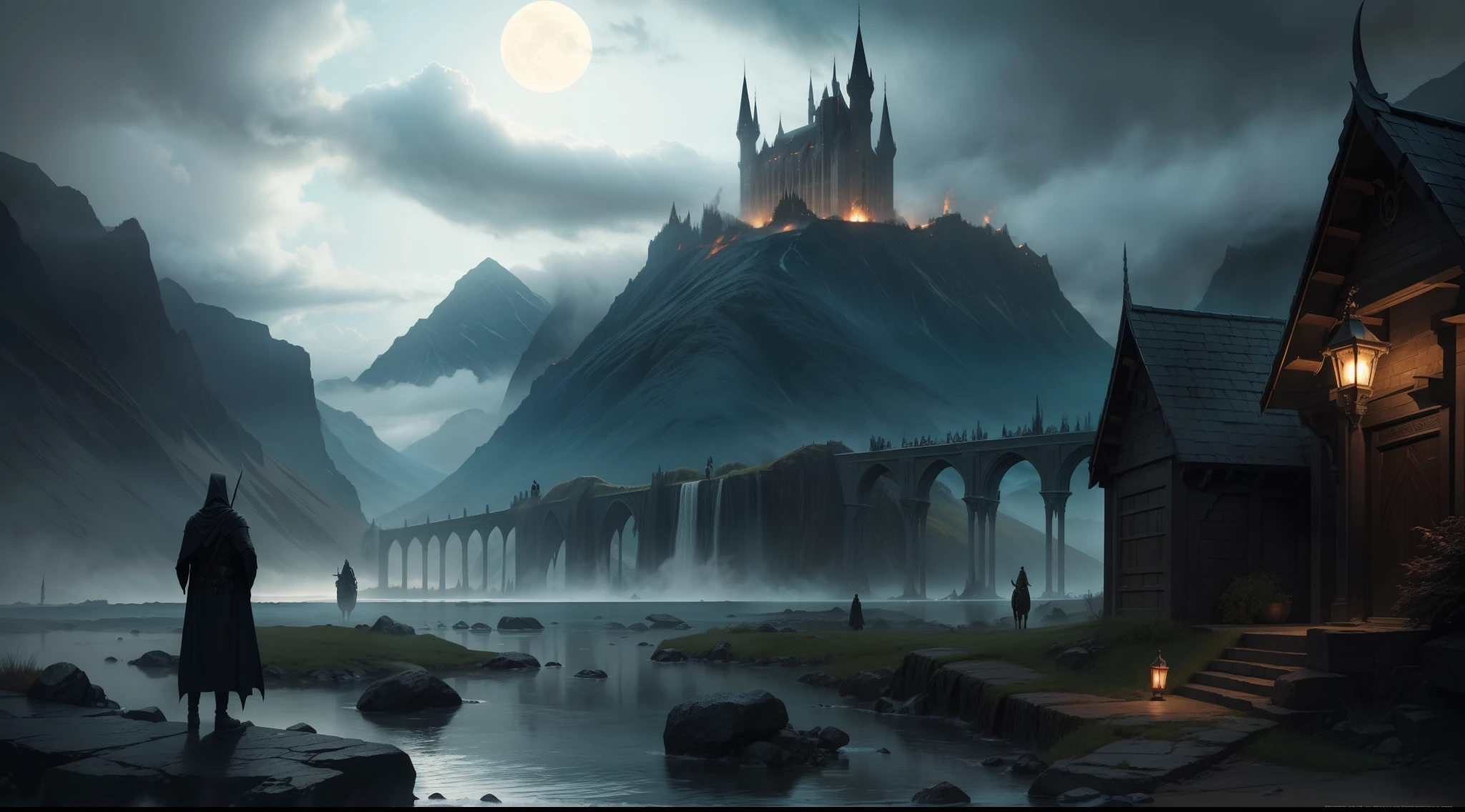 The 9 Nazgul, black riders, lord of the rings, tolkien, middle earth, minas morgul, dark, fear, heroic, dangerous, realistic and natural, detailed full-color, nature, hd photography, fantasy by john stephens, galen rowell, david muench, james mccarthy, hirō isono, realistic surrealism, elements by nasa, magical, detailed, hyperrealism, mysterious