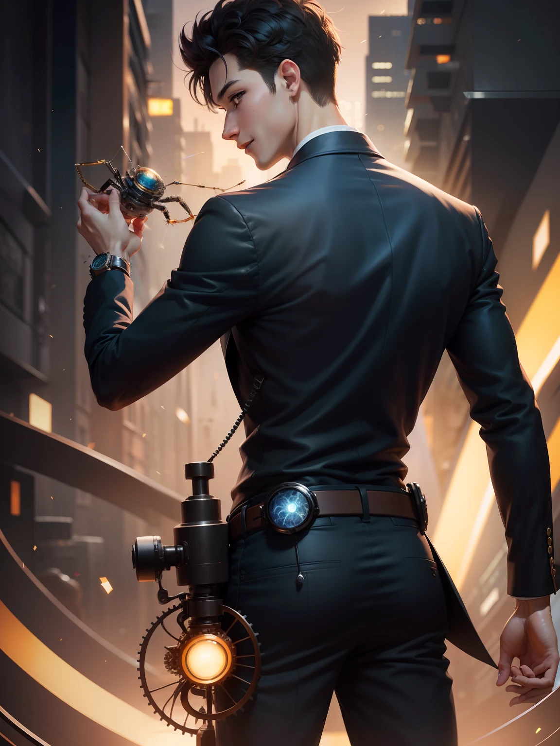 Cartoon anime style，Background bokeh。High IQ genius，male people，Holding a mechanical spider in his hand，Looks like a kind expression，ssmile，Wear white clothes