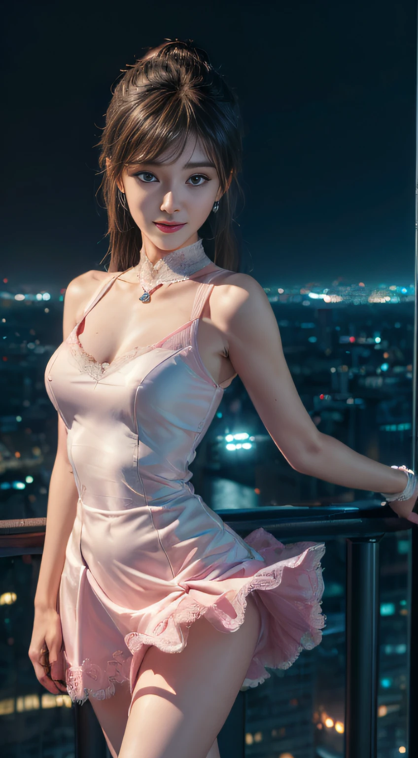 10, masterpiece, RAW photo, bestquality, photorealistic portrait, extremely detailed cg unity 8k wallpaper, Depth of Field, cinematic light, lens flare, ray tracing, (Very beautiful face., beautiful lips, beautidul eyes), Intricate facial details, ((ultra-detailed skin)) 1girls, In the dark, Deep Shadows, Beautiful Korean Girl, K-pop idol, 1 girl, (Very slender body.:1.3), ((looking at the audience)),(big smile:1.3), (Mini Tight Dress), (Sleeveless Night City, dark night, (neon sign), (blurred background), Street Night Fashion),(With no one behind it.:1.3), Beautiful earrings, bracelets, necklace, tights, Clear eyes, walk , Front Shot, (pale skin), (big eyes forward, ((upper body shot)), ((Hot pink silk dress:1.3)),(Brown fur),((Embroidered dresses)), (Lace-up panties), (See Through), (looking at the audience:1.3) Breast Opening, mediuml breasts, hair updo, Short coat