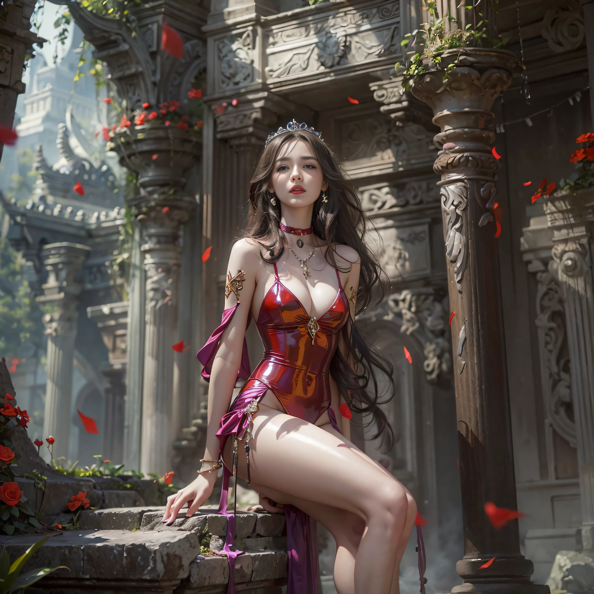((masterpiece:1.4)、(top-quality:1.4)、(reallistic:1.7))、Beautiful girl strolling in the garden of fantastic ancient city、Sexy Daughter、Super beautiful girl、1girl in:1.4、Dress like a queen、Glossy luxury latex、Luxury Latex Bodysuit、By Luis Royo、age19、Super Ultra Ultra Bikini、Outstanding style、Accurate and appropriate depiction of the human body、anatomical correct、Slender Abs、beauty legs、Beautiful ass、A detailed eye、beautidful eyes、Raw photo、red-lips、Red high heels、a choker、a necklace、耳Nipple Ring、Fantasy of an ancient city、Fantasy worldview